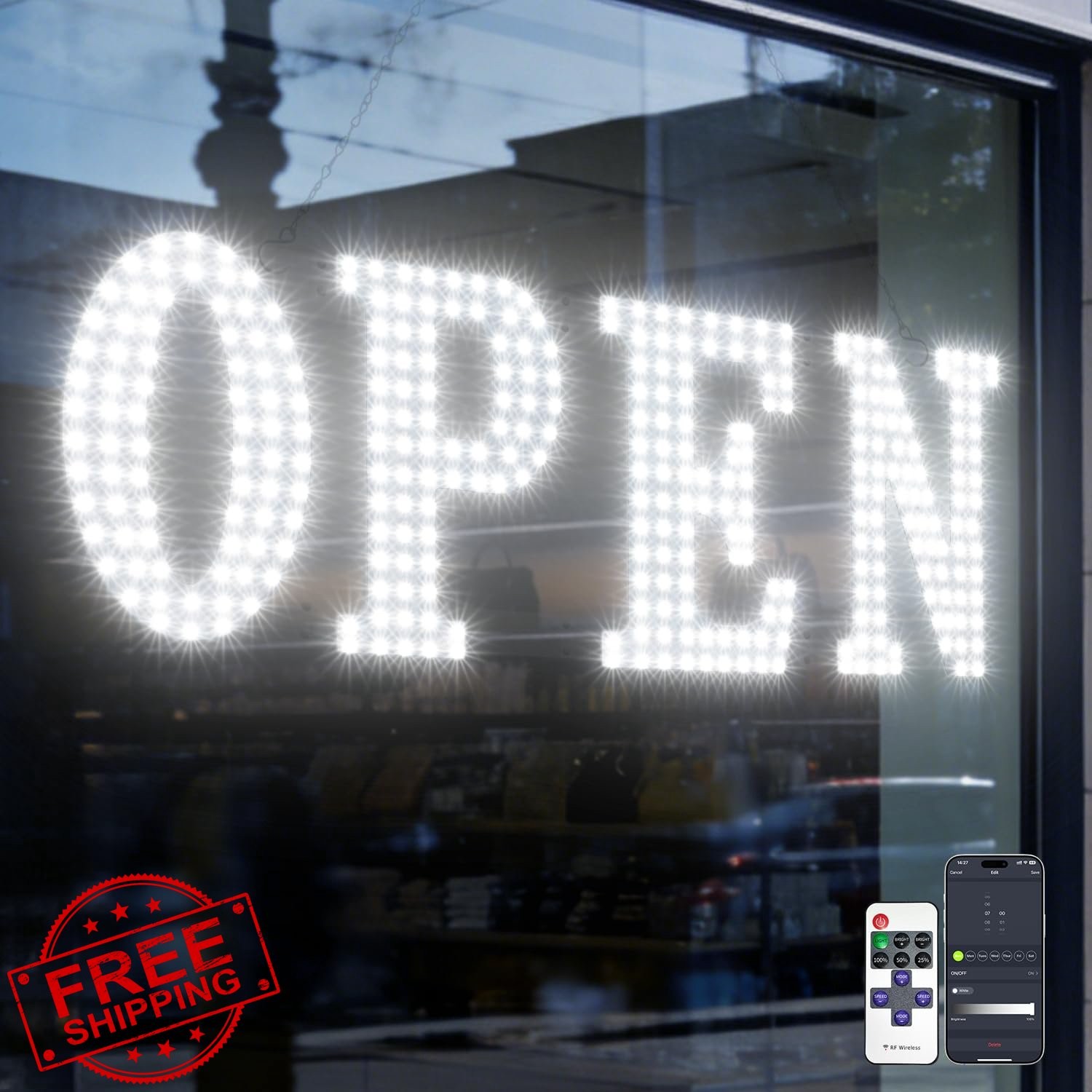 LED Open Sign for Business, 30&Prime;x10&Prime; Timer Remote Control White