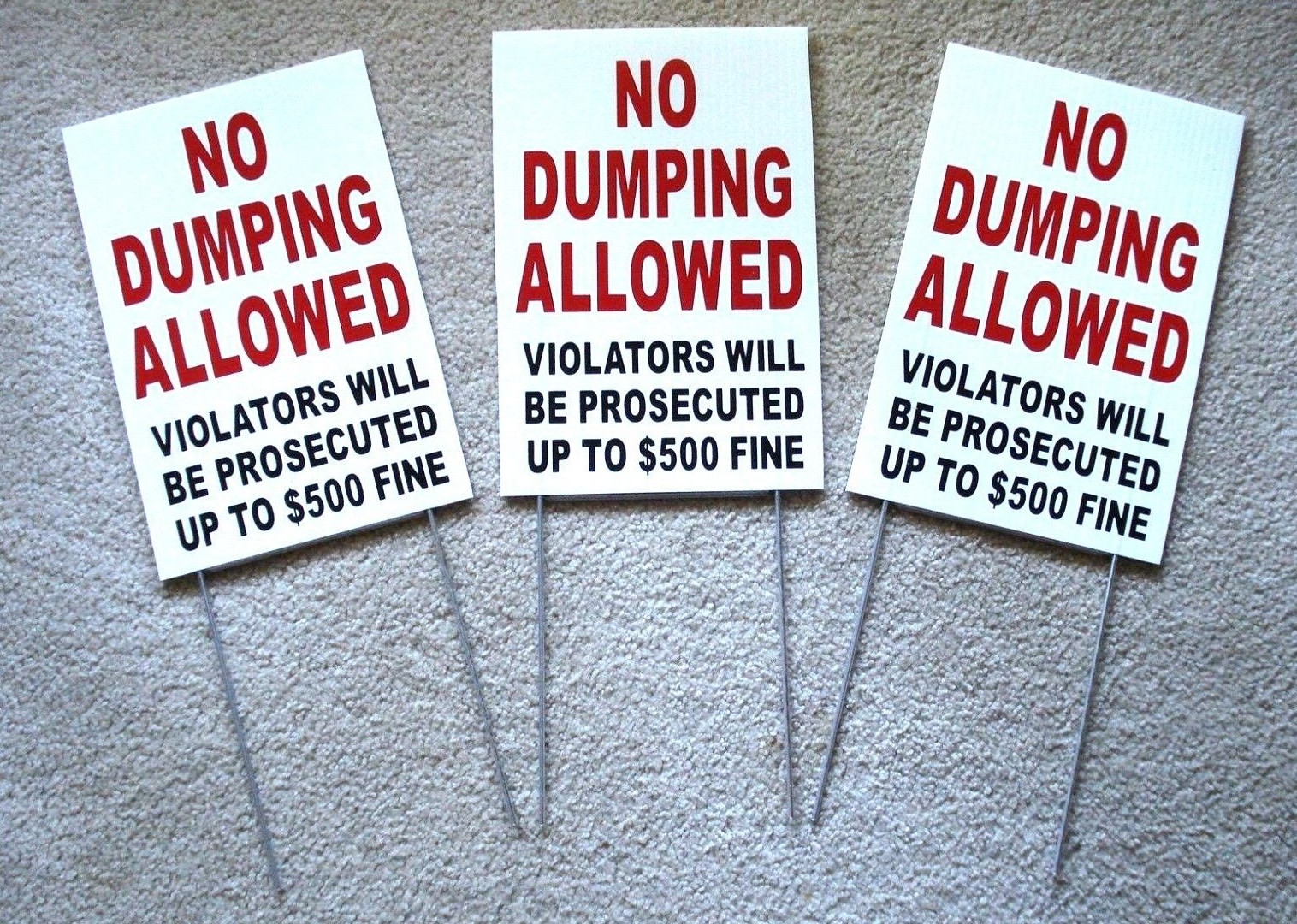 (3) NO DUMPING ALLOWED 8&Prime;x12&Prime; Plastic Coroplast Signs w/ Slide-in-Stakes