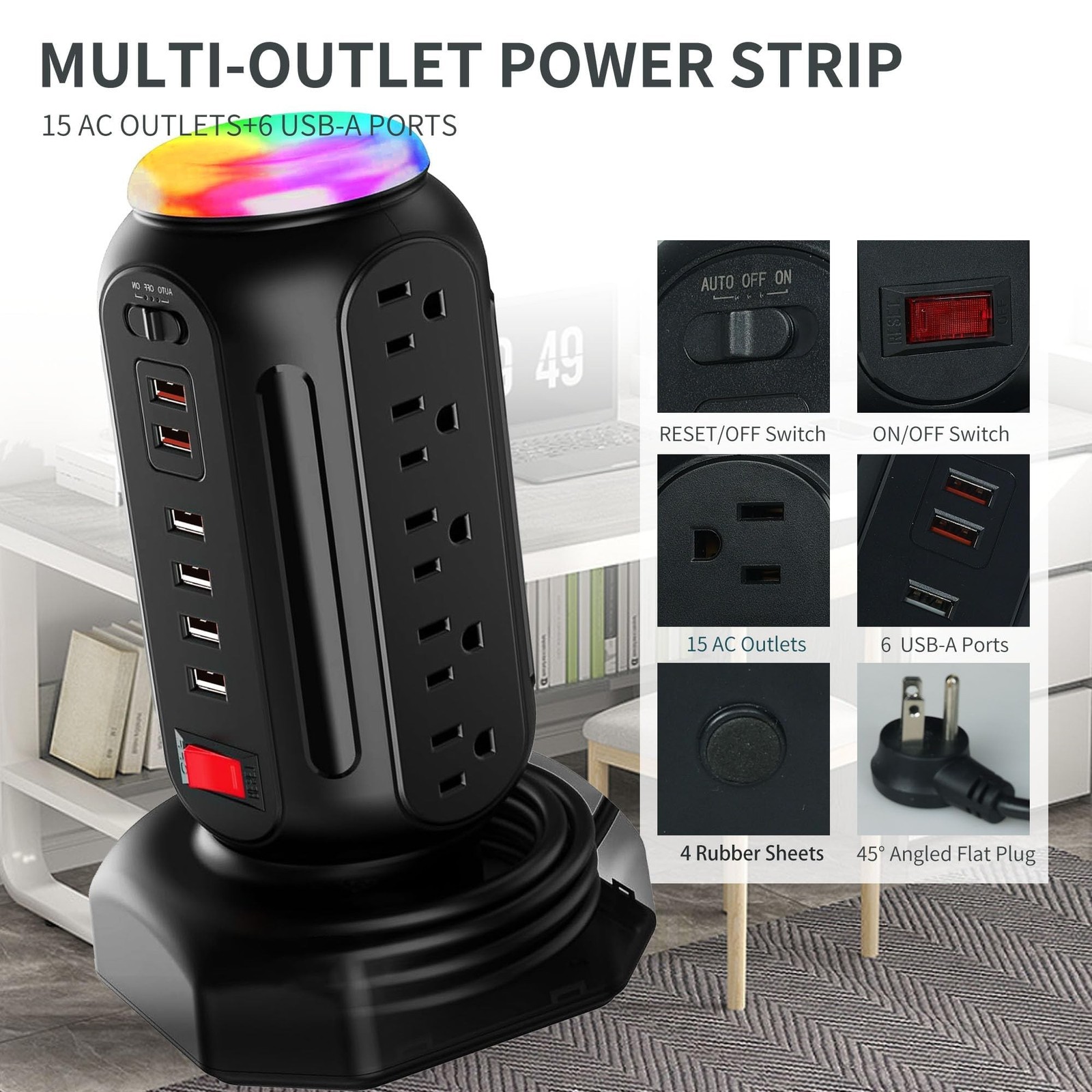 Power Strip Tower with Colorful Nightlight, 15 AC Outlets and 6 Fasting USB P…