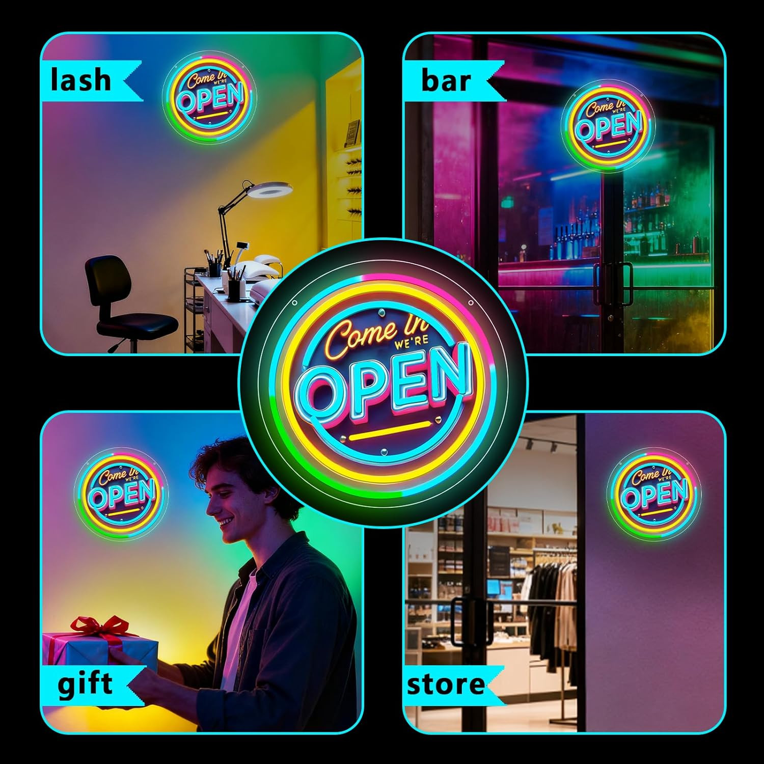 Neon Open Sign for Business, 13 * 13 » Colorful Adjustable Brightness Come in We