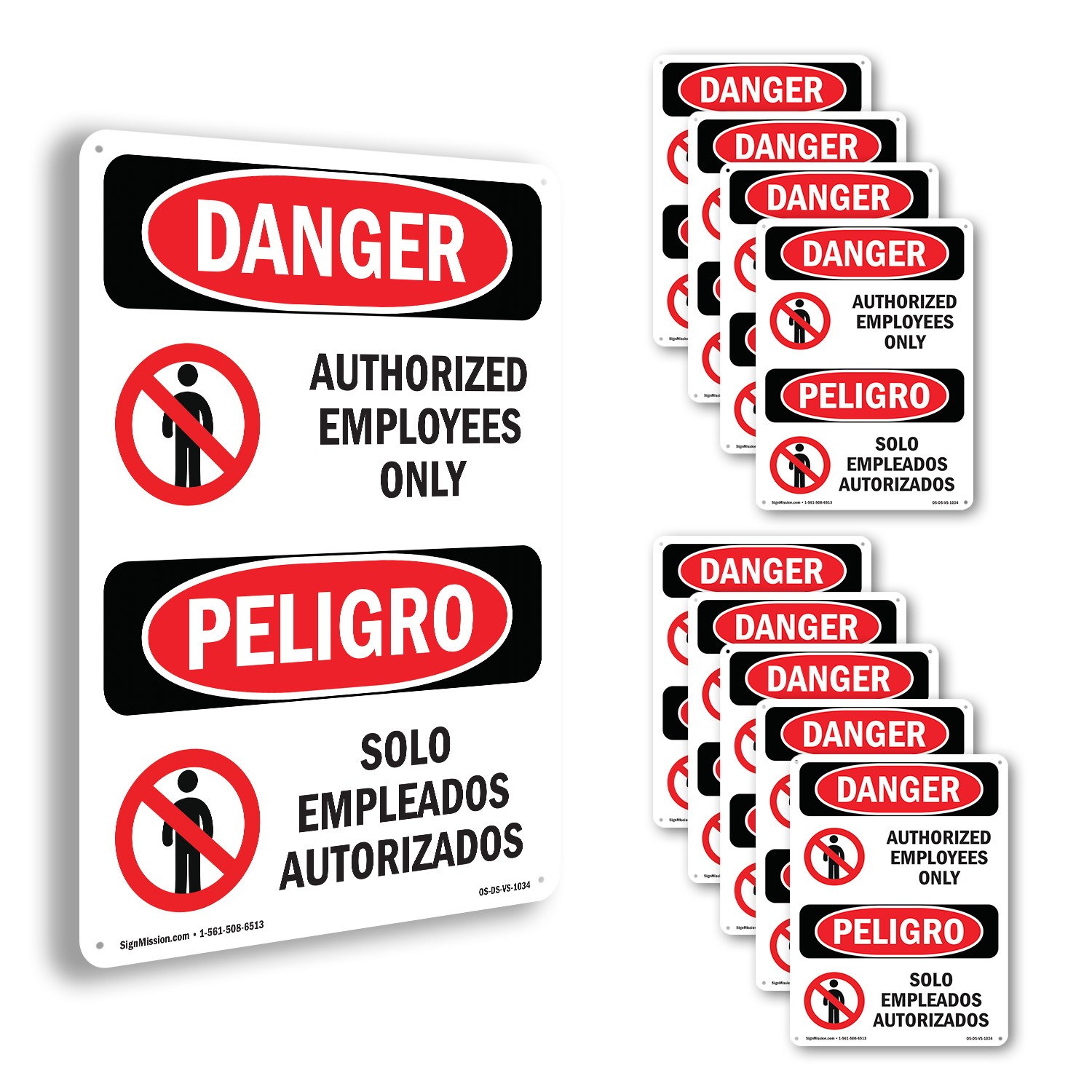 Authorized Employees Only Bilingual OSHA Danger Sign Or Decal – 5 or 10 Pack