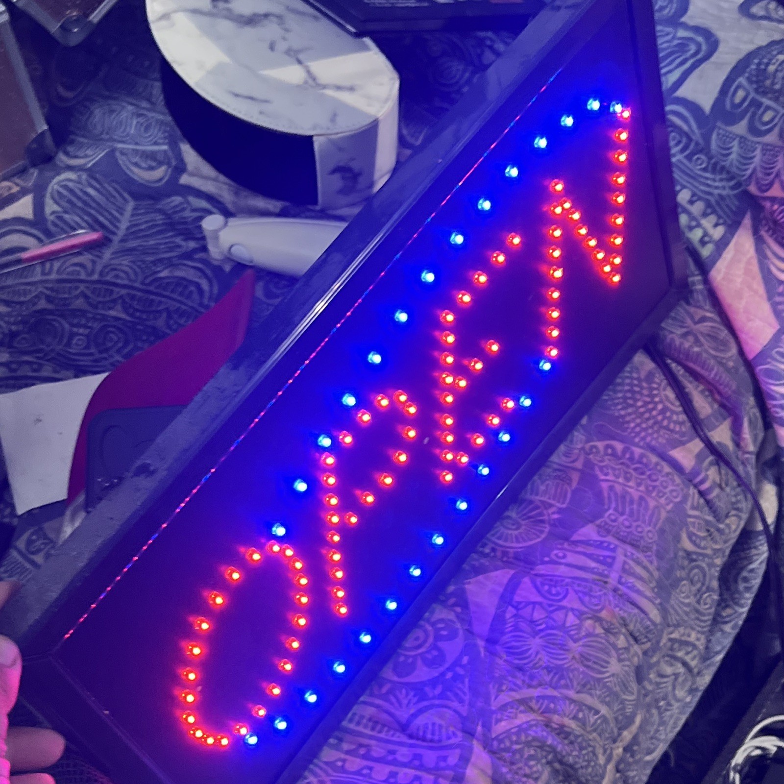 LED Double-Sided OPEN Illuminated Sign Red Letters Blue Border Black Frame