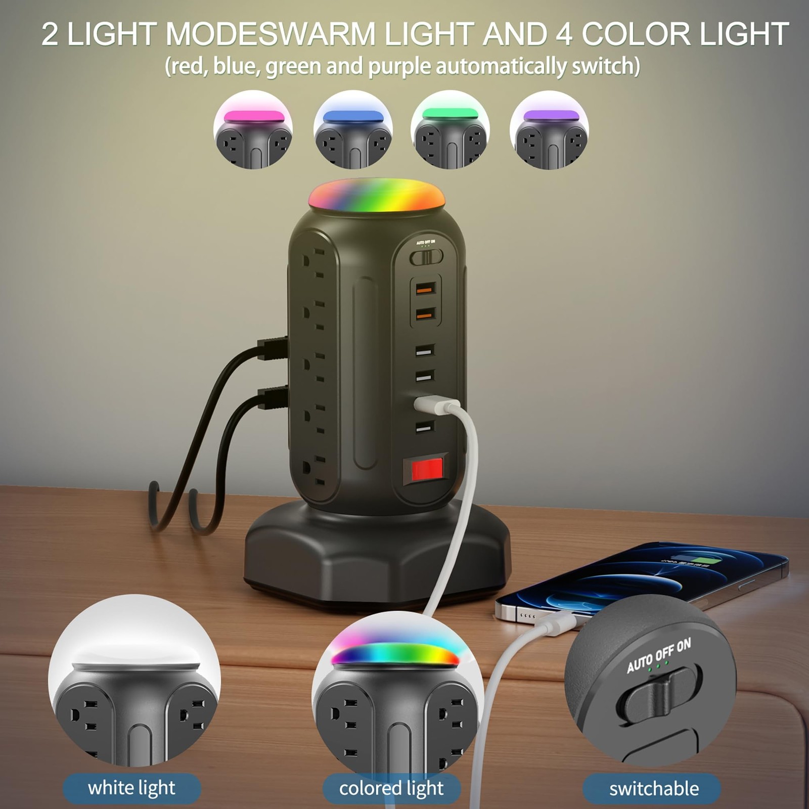 Power Strip Tower with Colorful Nightlight, 15 AC Outlets and 6 Fasting USB P…