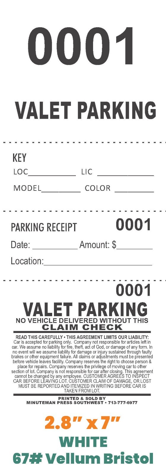Valet Parking Tickets (1000) – KEY TICKET – PARKING RECEIPT – STUB