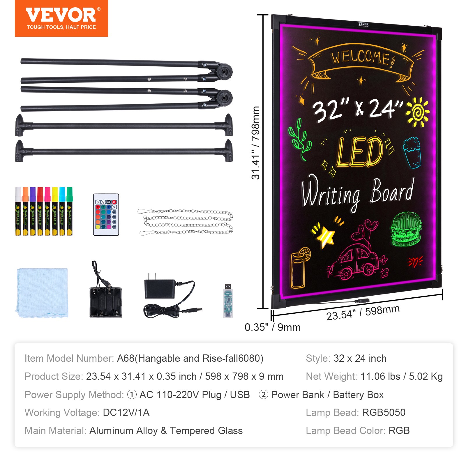 VEVOR LED Message Writing Board 32&Prime;x24&Prime; Illuminated Erasable Lighted Chalkboard