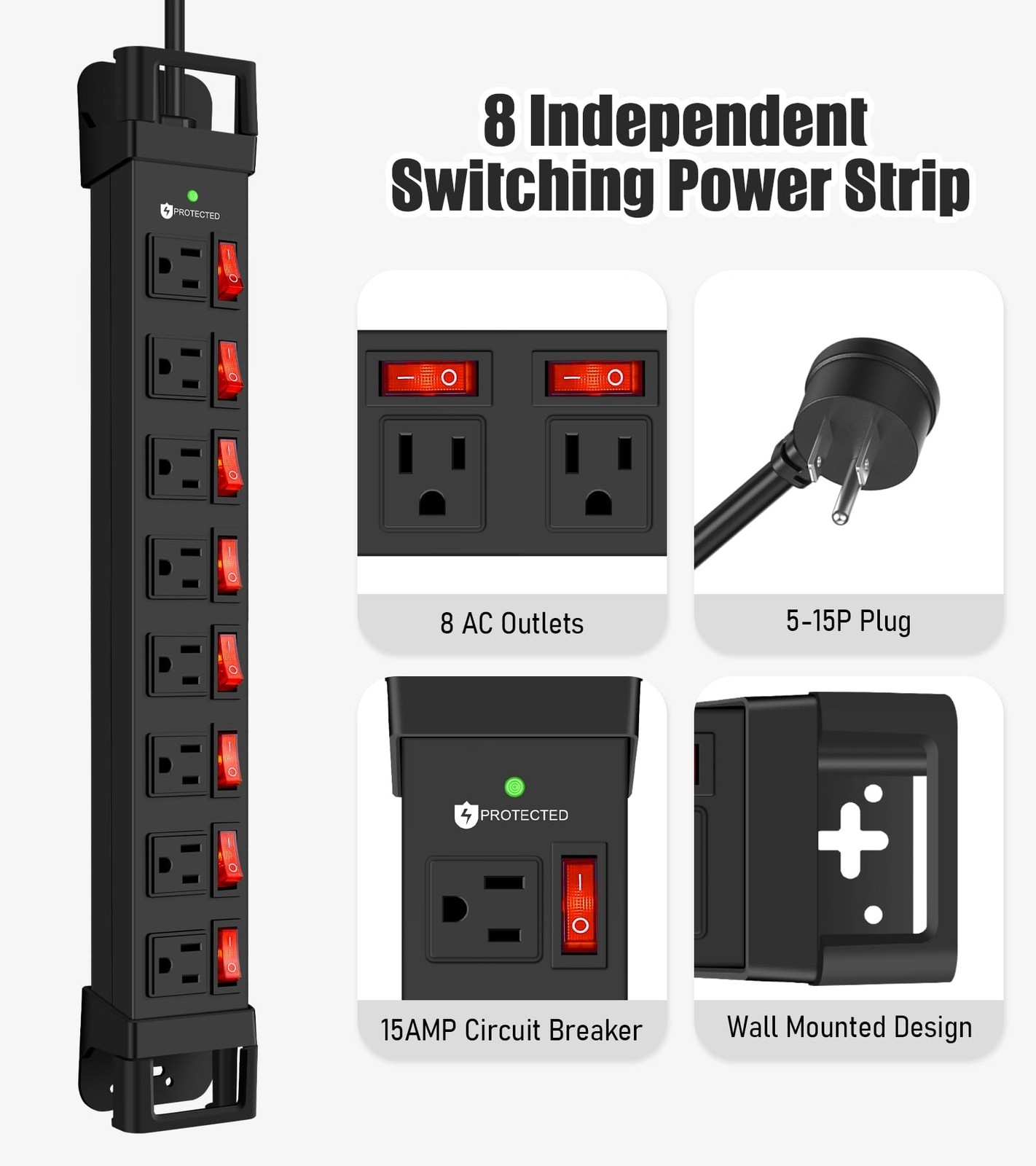 Heavy Duty Power Strip with Individual Switches,8 Outlets 14 Gauge Industrial…
