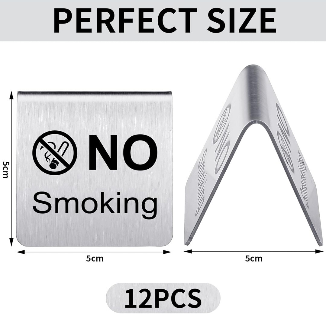 12 Pcs Stainless Steel No Smoking Table Sign Double Side No Smoking Sign Card
