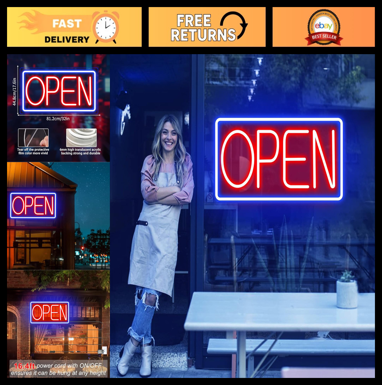 Bright LED Neon Open Sign for Business – Storefront Window Display, 32&Prime; Blue/Red