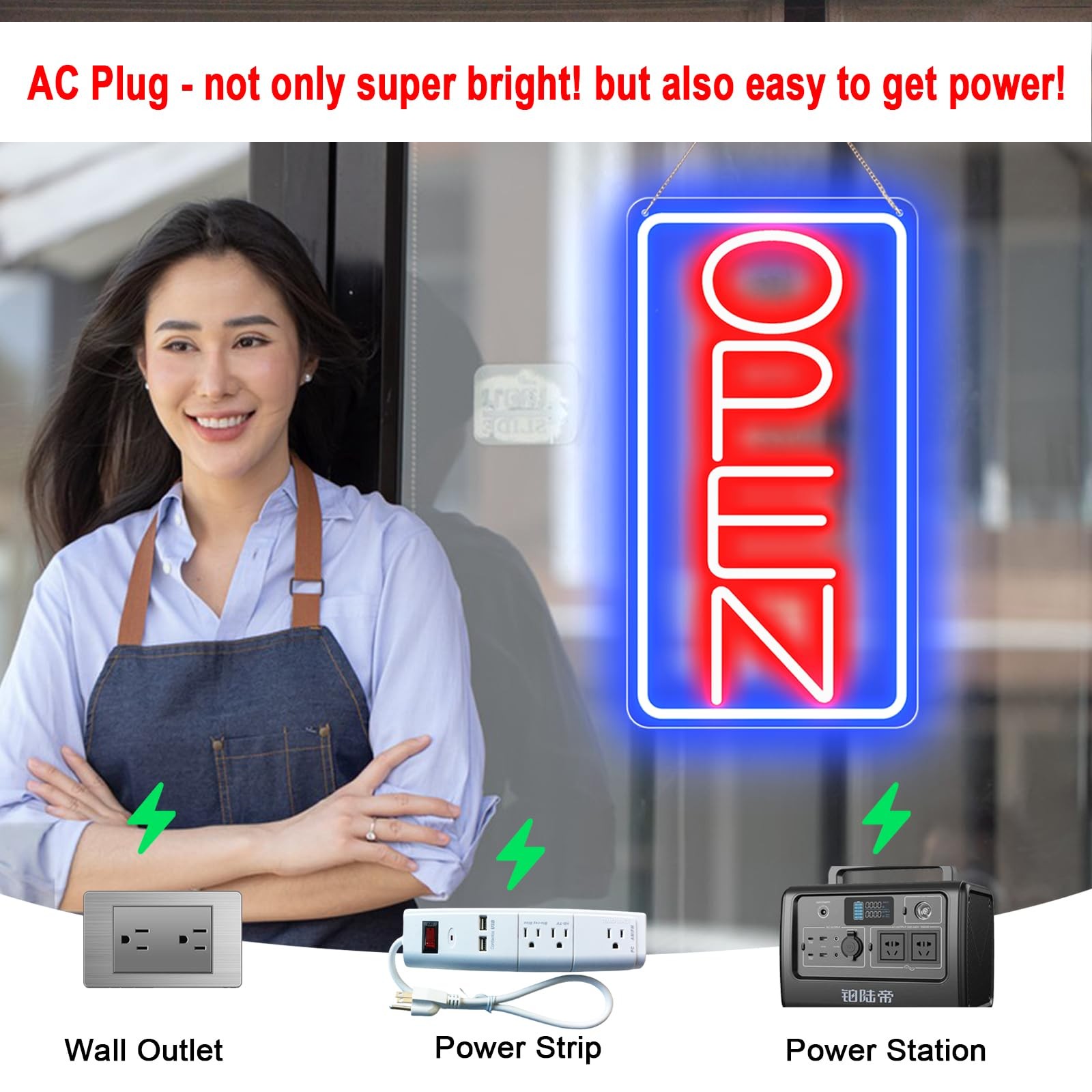 16.5&Prime; X 9&Prime; Led Neon Open Signs 16.5×9 inch with AC Adapter, Blue/Red-Vertical