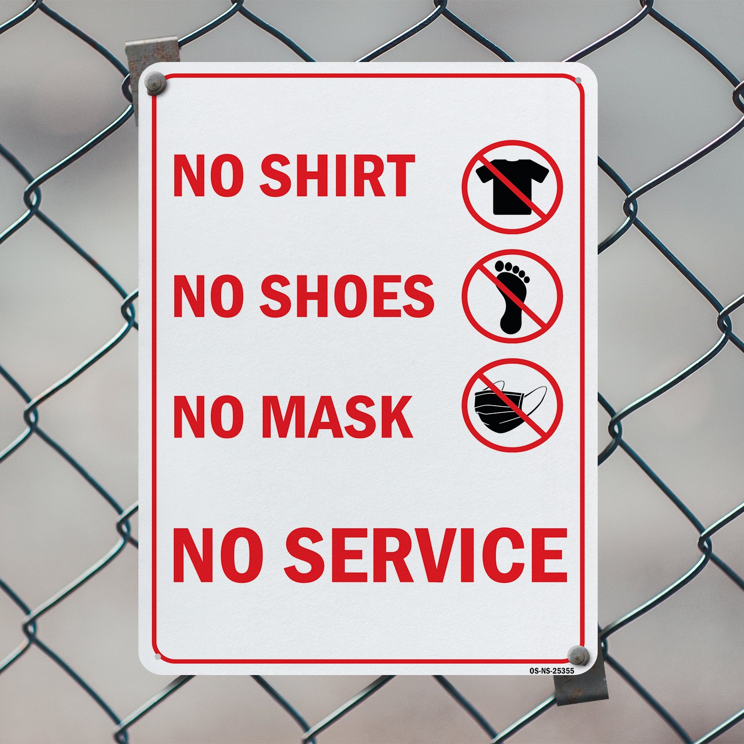 No Shirt No Shoes No Mask No Service All Red Public Safety Sign – 5 or 10 Pack