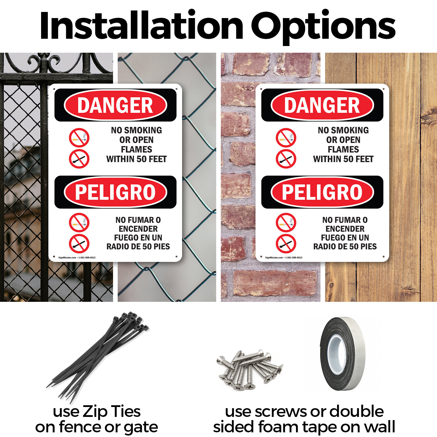 (2 Pack) No Smoking Or Open Flames 50 Feet Bilingual OSHA Danger Sign Decal