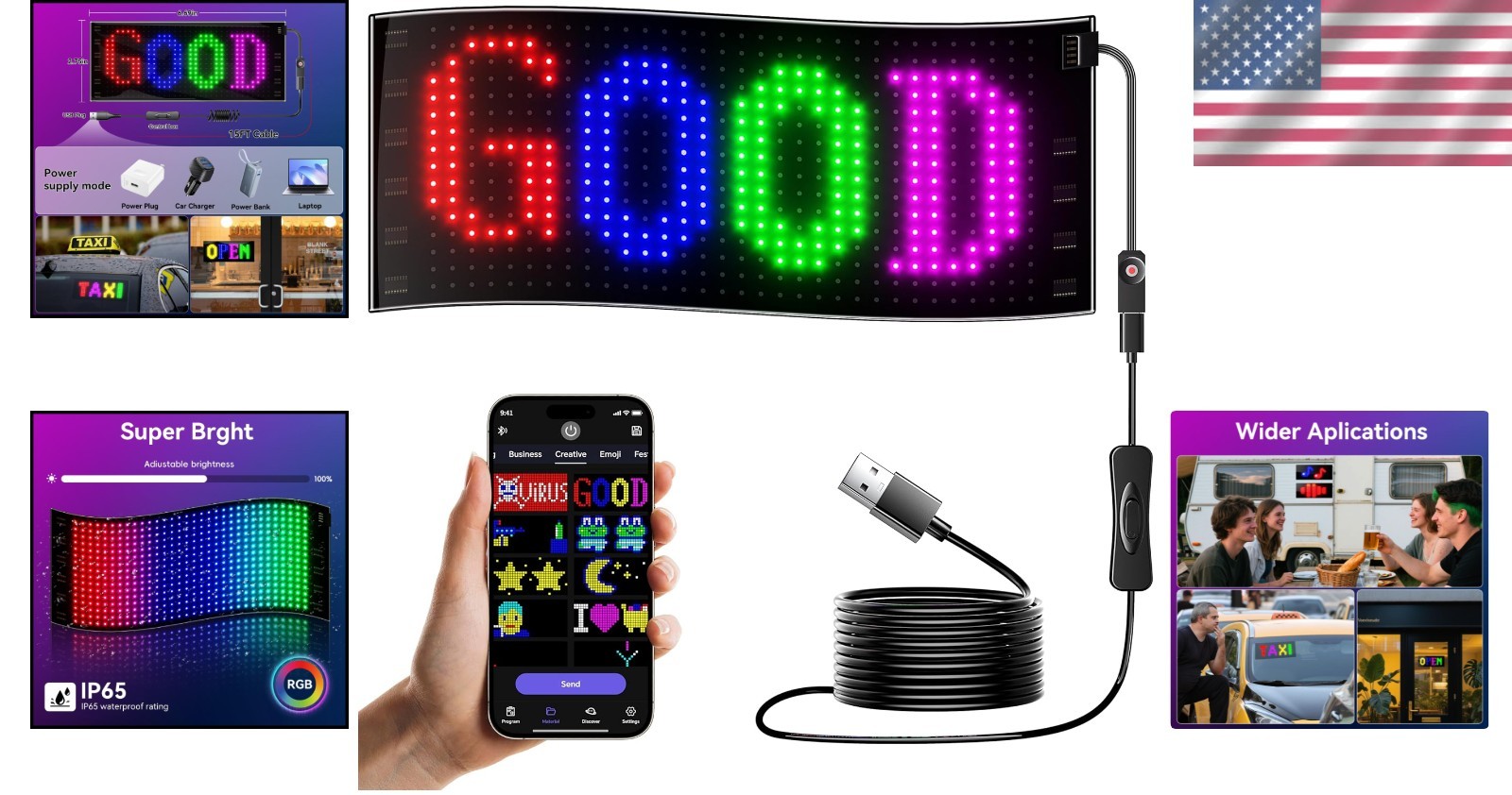 7 »x3 » Flexible LED Sign for Cars: Personalize with APP Control & DIY Features