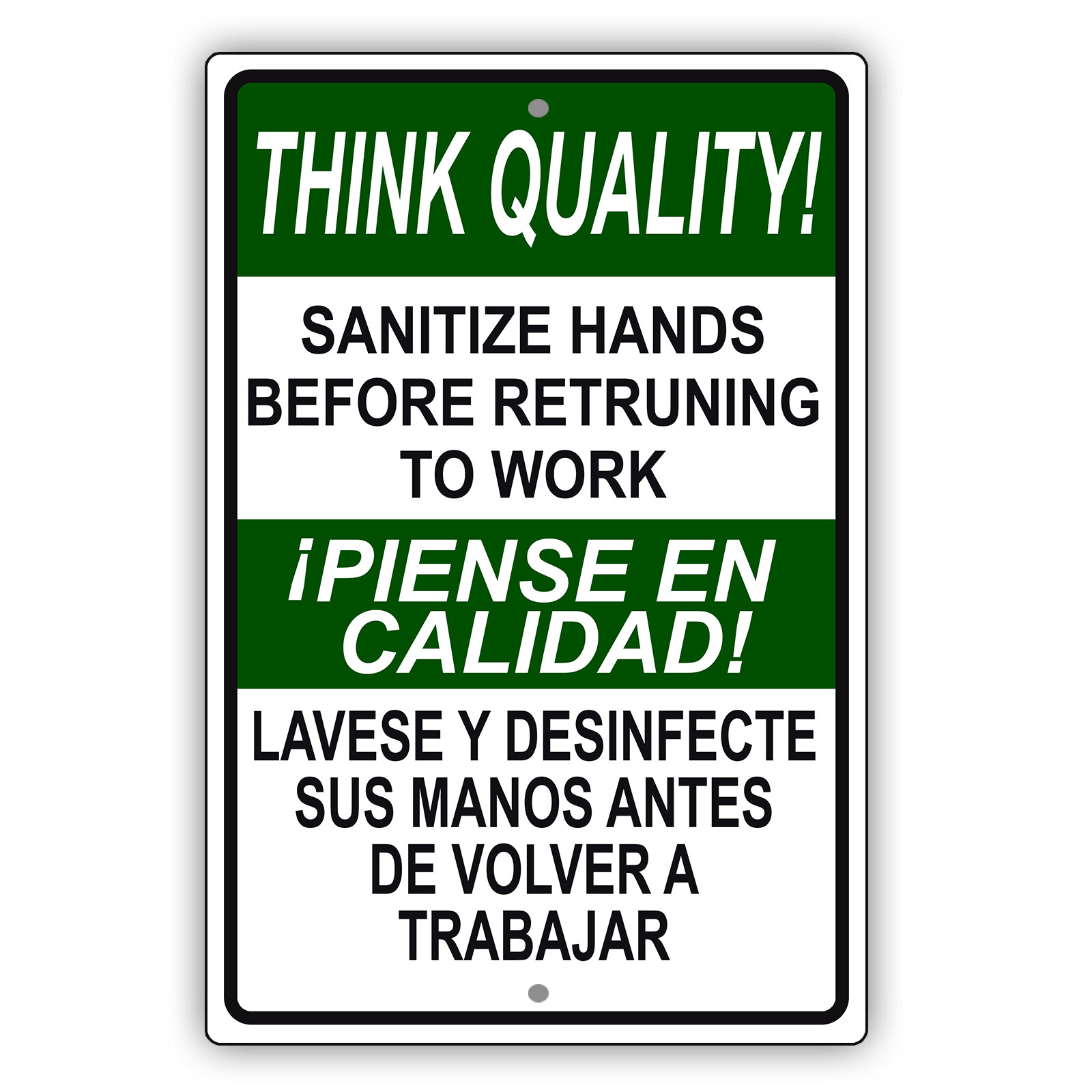 Think Quality Sanitize Hands Before Returning To Work Safety Aluminum Metal Sign