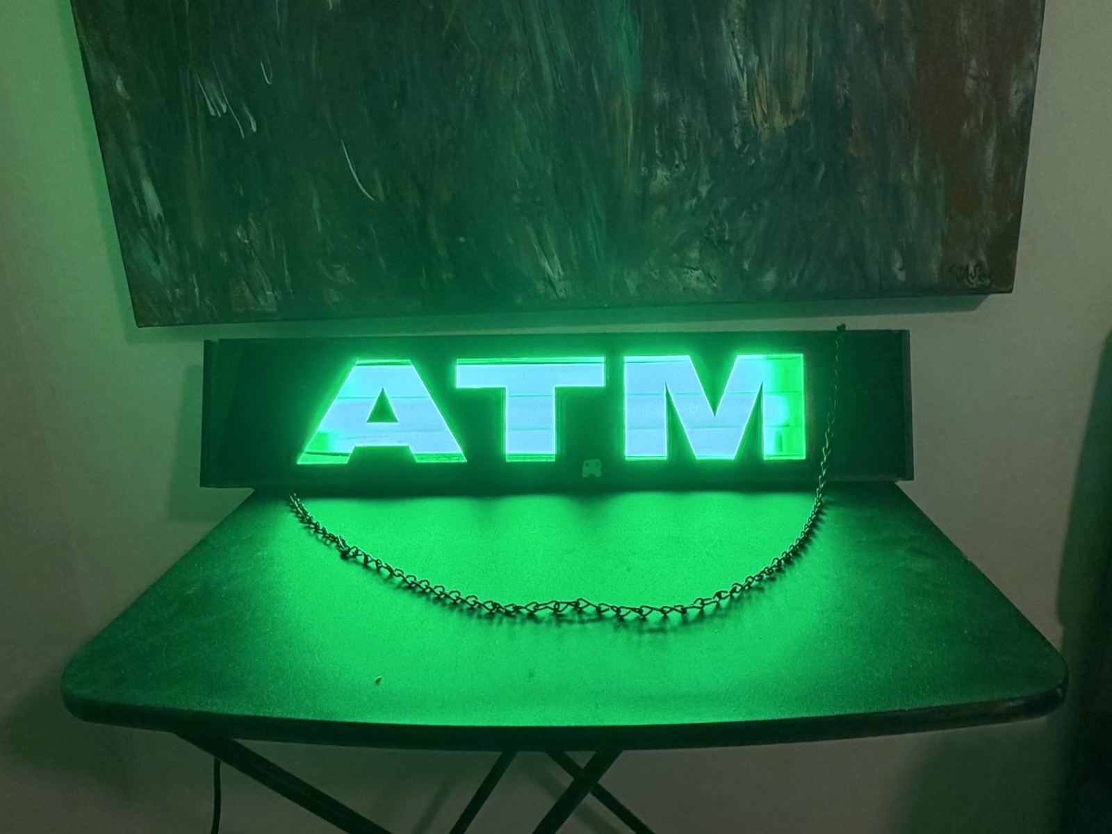 Vintage Hanging Neon Green ATM sign. Illuminating Florescent Bulb. 6” x 28”