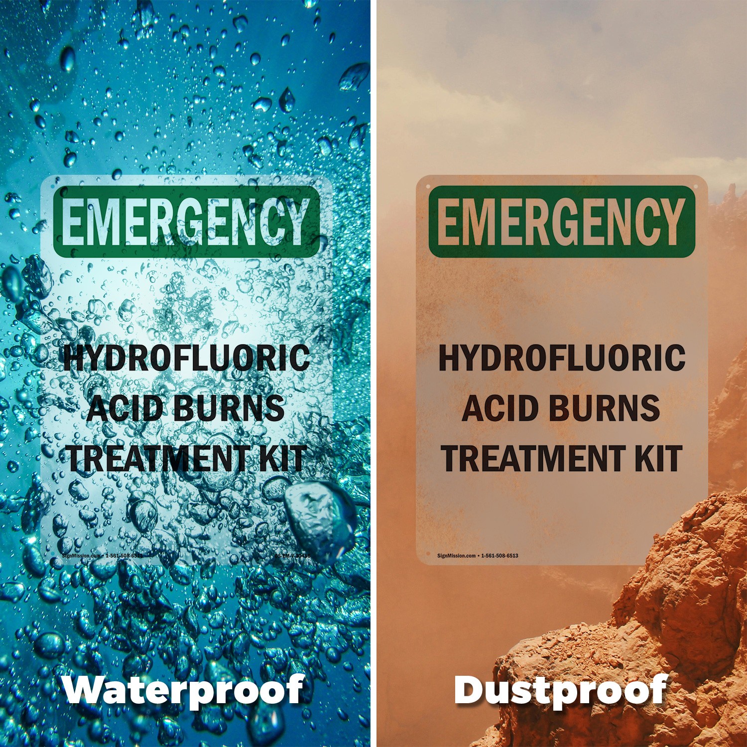 Hydrofluoric Acid Burns Treatment Kit OSHA Emergency Sign, Decal 5 or 10 Pack