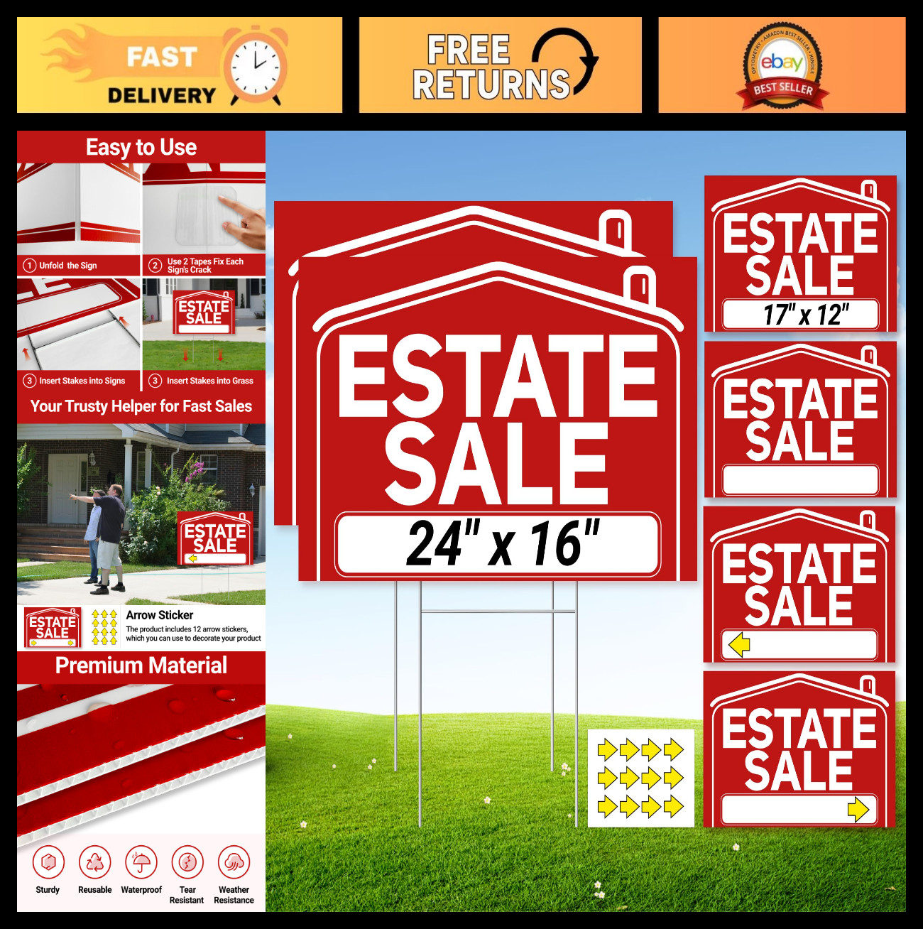 6 Pcs Estate Sale Signs with Stakes – 2 Extra-Large 24&Prime;x16&Prime; & 4 Large 17&Prime;x12&Prime; Wa
