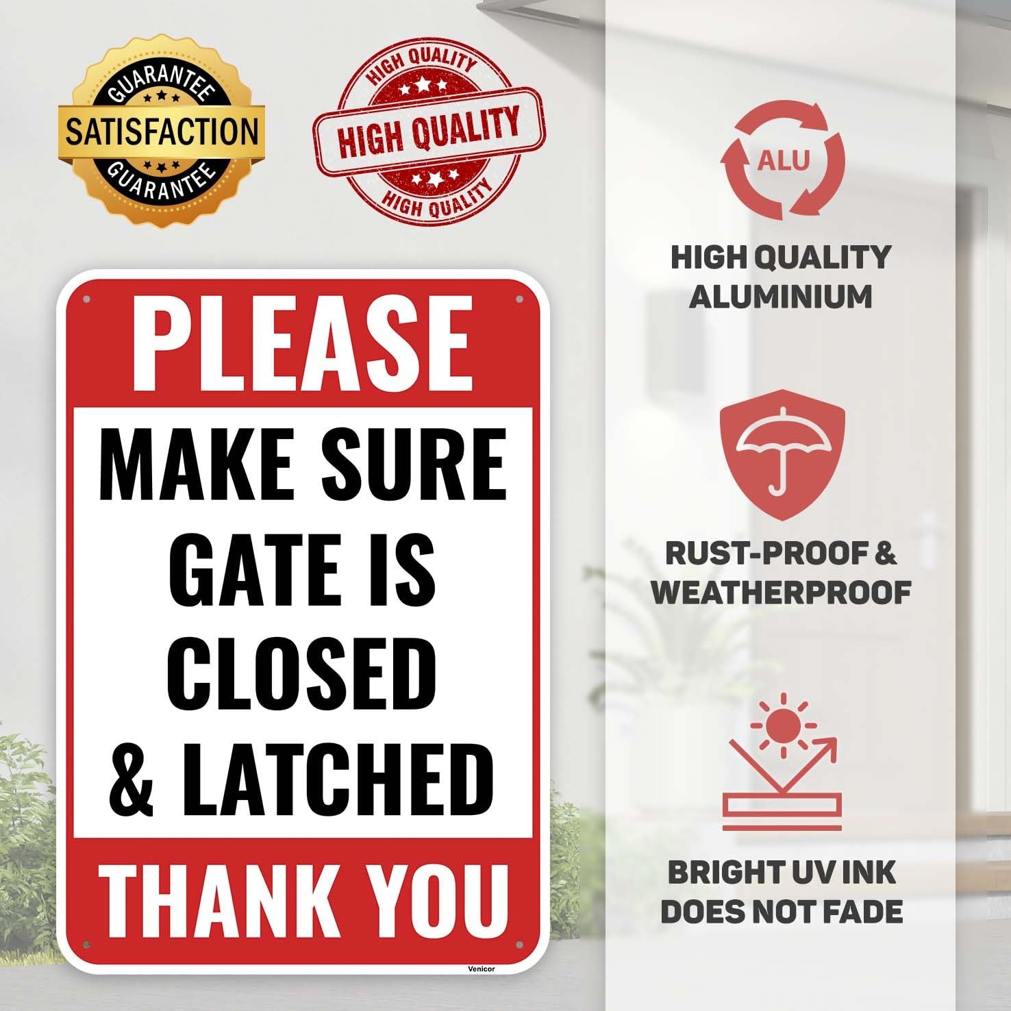 2 PCS Close And Latch Gate Sign 10×7 Inch Aluminum Safety Security Sign