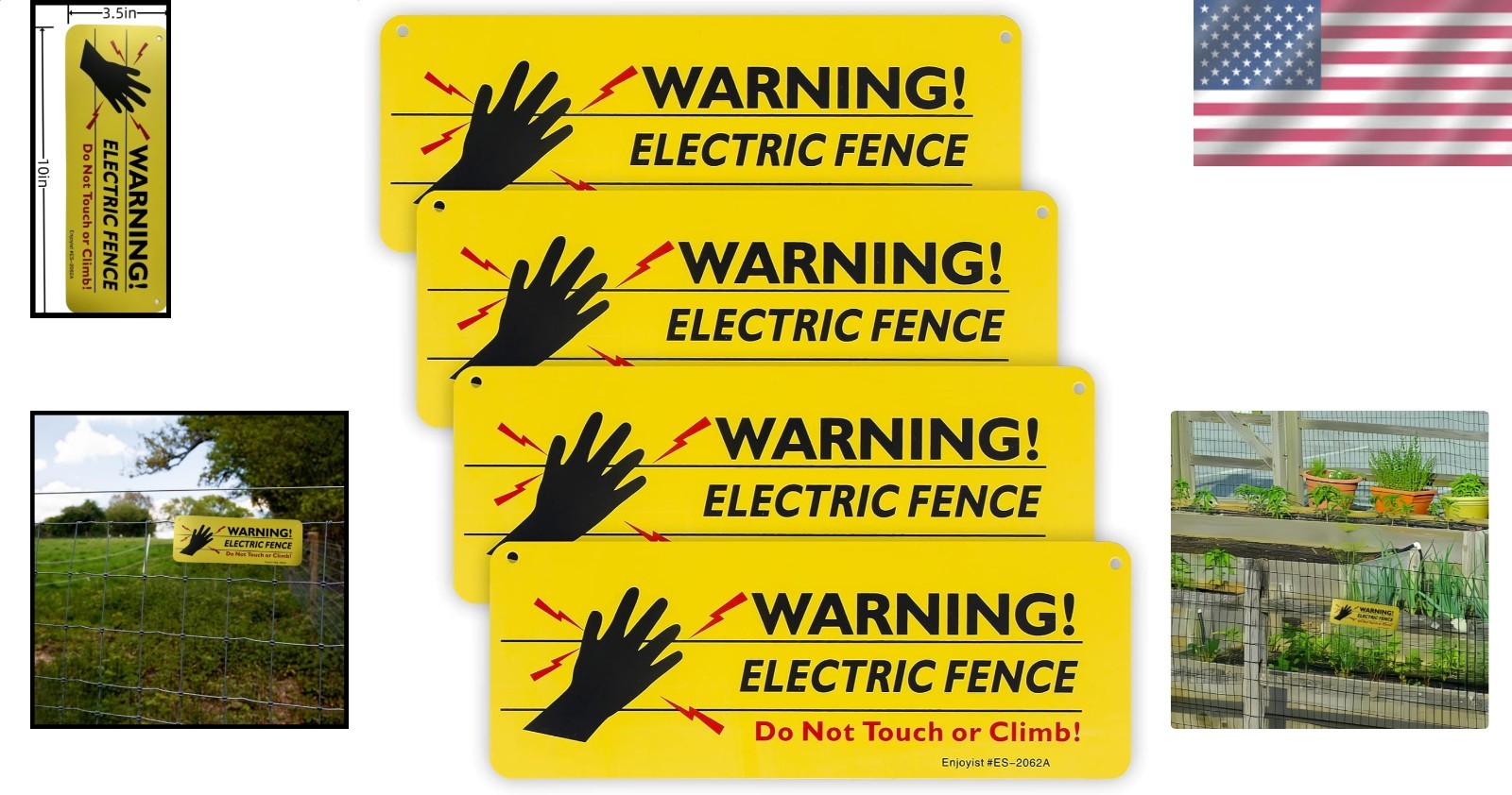 Safety Electric Fence Sign 4 Pieces 10×3.5 Yellow Reflective Plastic Durable
