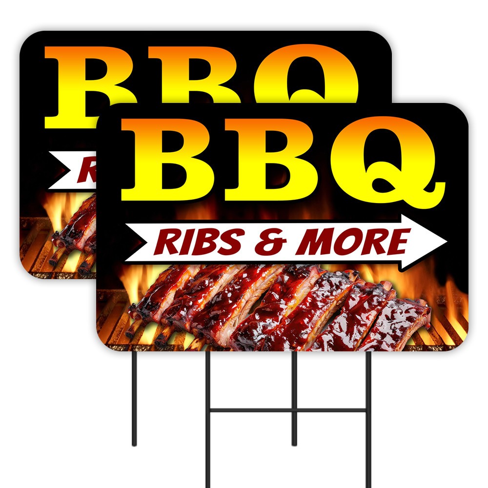 BBQ Ribs & More 2 Pack Double-Sided Yard Signs 16&Prime; x 24&Prime; with Metal Stakes (Made