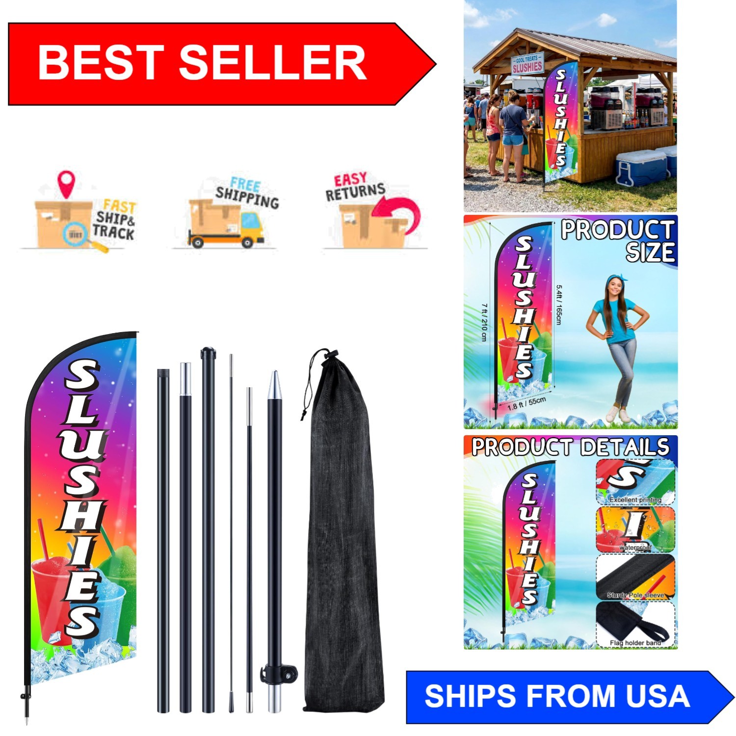 Durable 7ft Slushies Feather Flag Banner with Poles – Eye-catching Store Sign