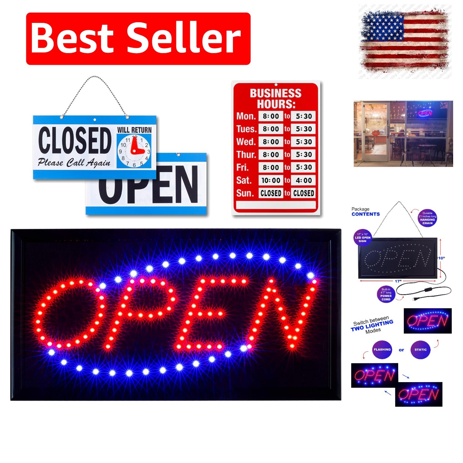 Neon Open Sign for Business: Horizontal LED Sign with Flashing Mode for Store…