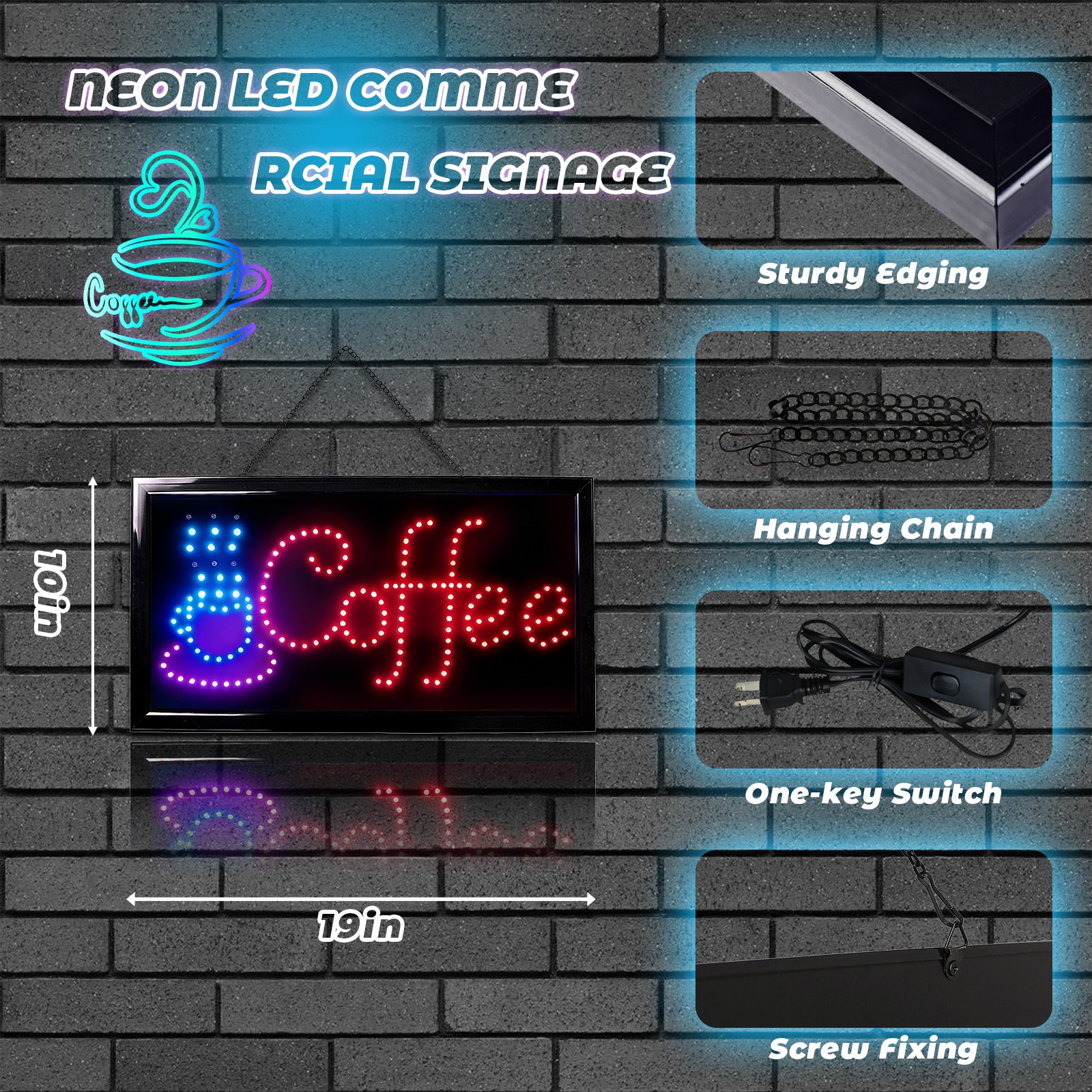 19&Prime; x 10&Prime; LED Neon Ultra Bright Light Business Display for Restaurant Store Shop