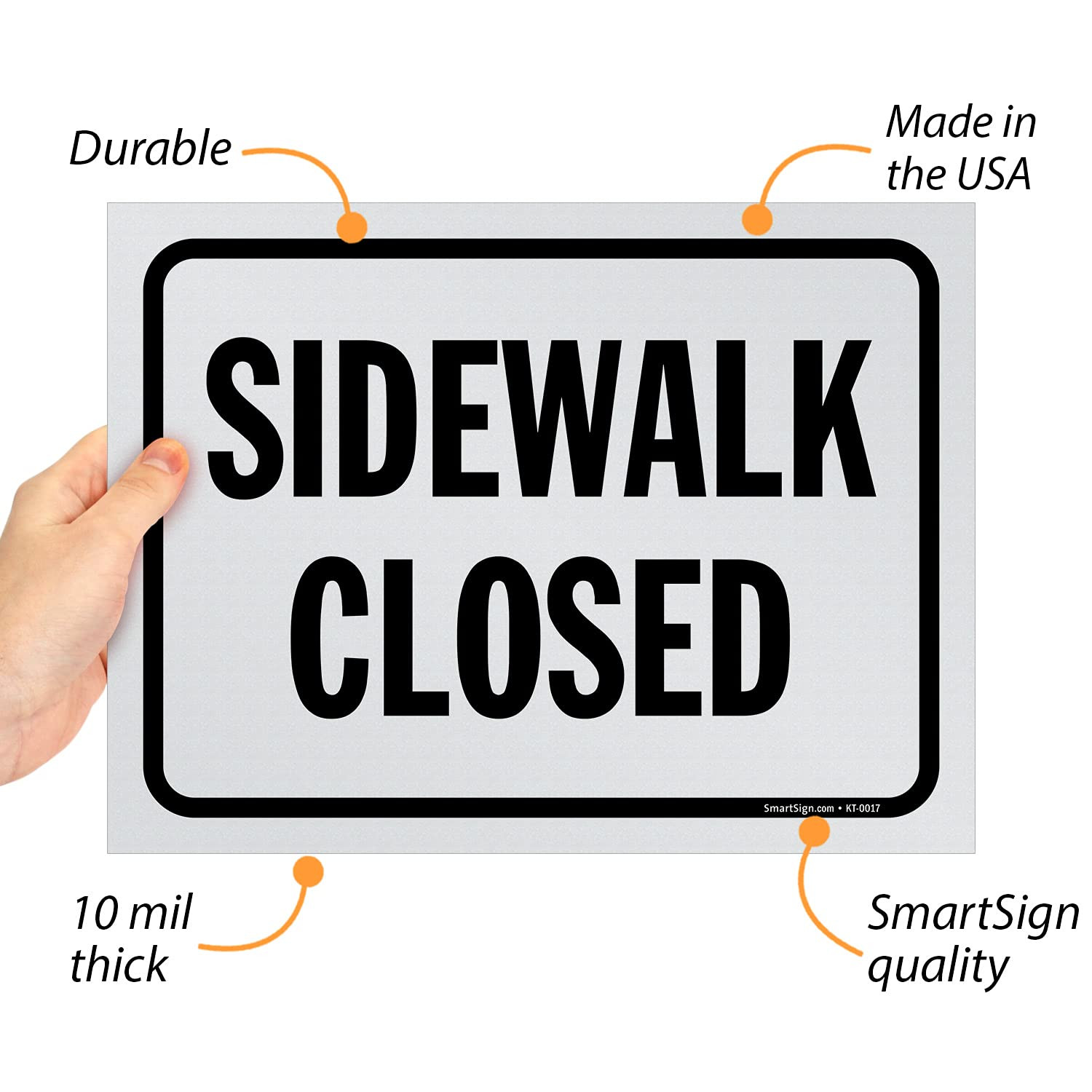 (Pack of 5) 9 X 12 Inch “Sidewalk Closed” Sign, Screen Printed, 10 Mil Polystyre