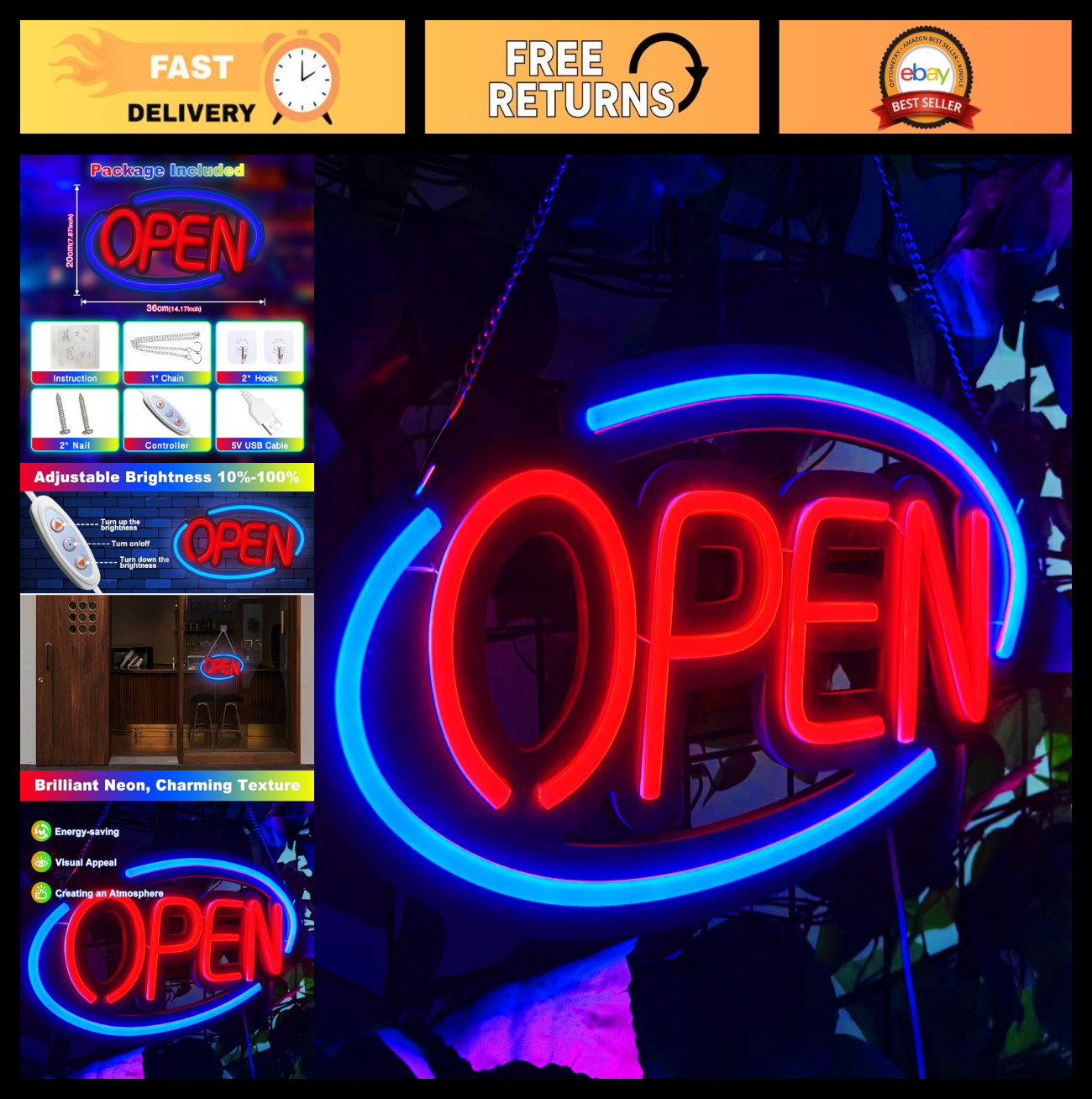 Bright Dimmable Neon Open Sign – LED Light for Business, Store, Bar, Office – 14