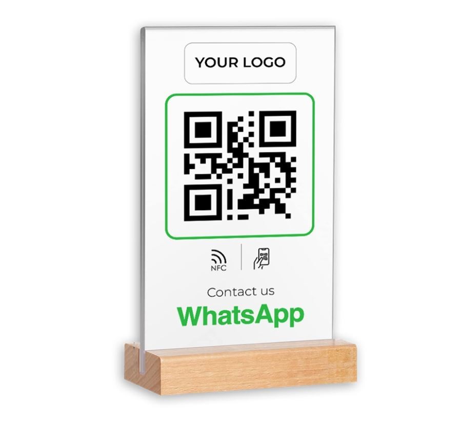 6×8 Inches Size Dual NFC Enabled & QR Code Acrylic Stand with Wooden Base