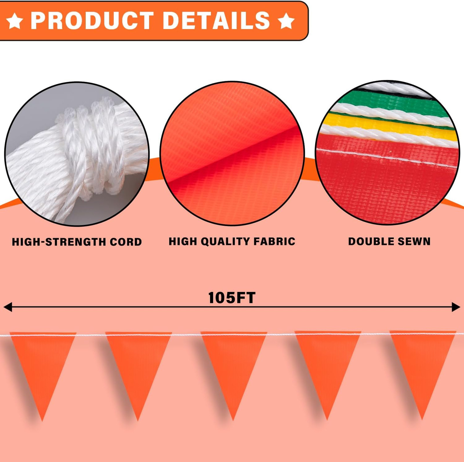 105ft Pennant Banner Flags, 7×10 Orange 45 Pcs High Visibility Safety Flagging o