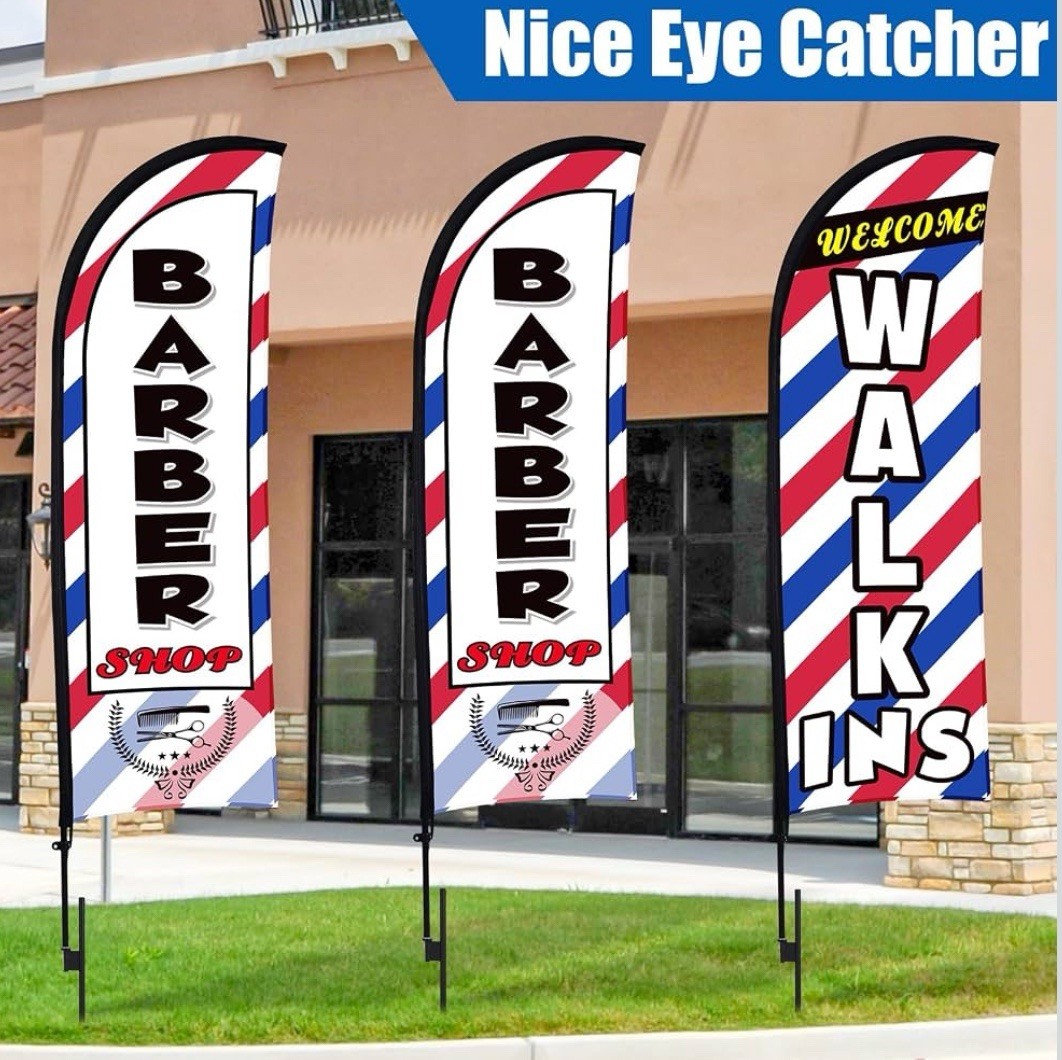 3 Set Barber Flag Walk Ins Welcome Barbershop Swooper Flag Poles, 12 FT x 2 FT