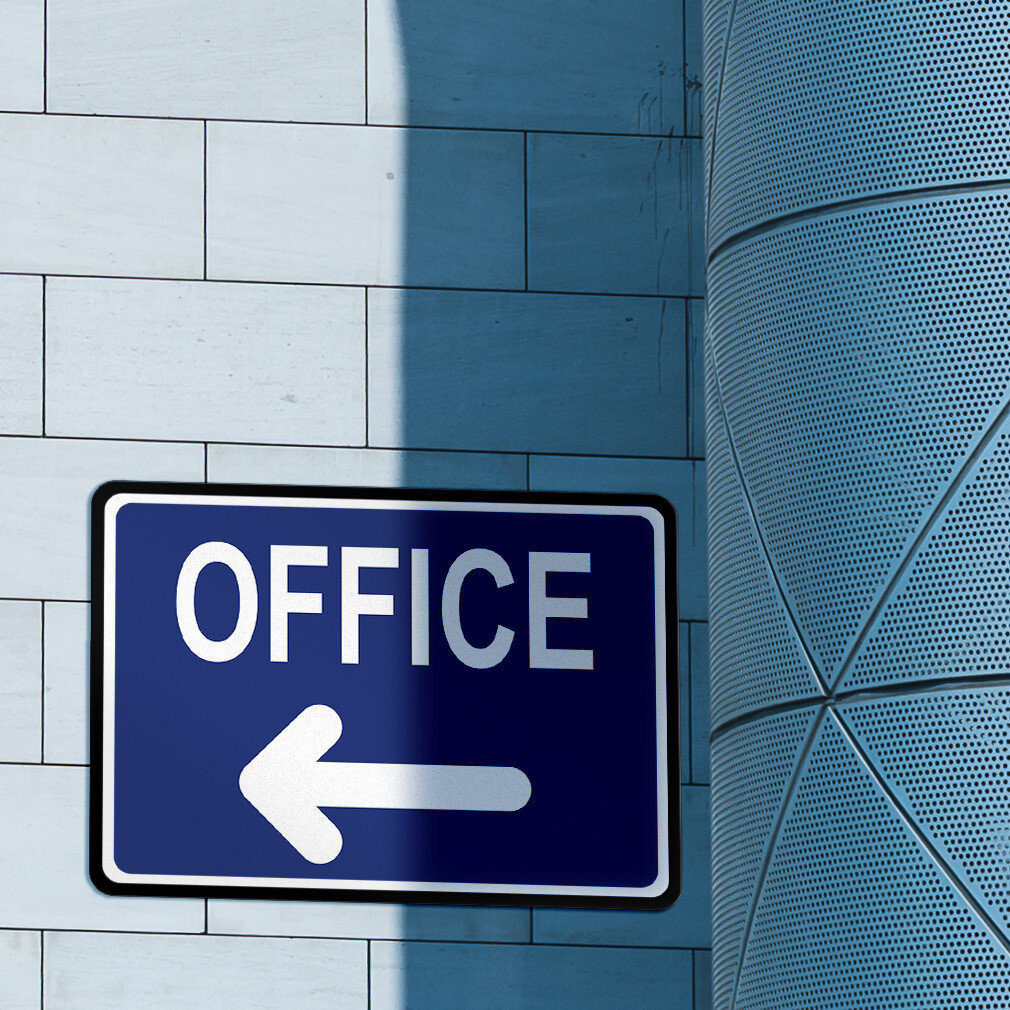 Horizontal Metal Sign Office Blue with Left Arrow Facility Property
