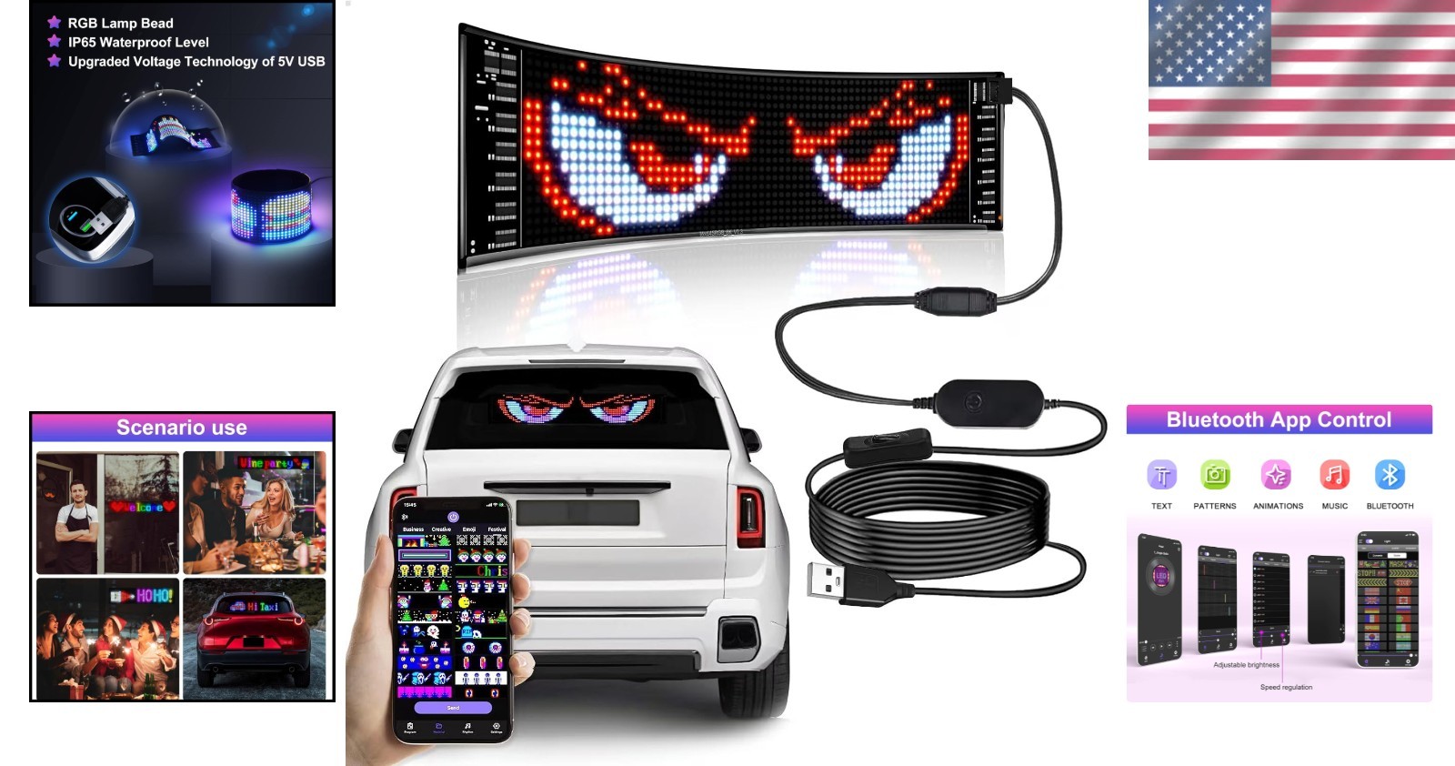 Programmable LED Car Sign with Bluetooth Control – 15&Prime; x 4&Prime; for Custom Displays