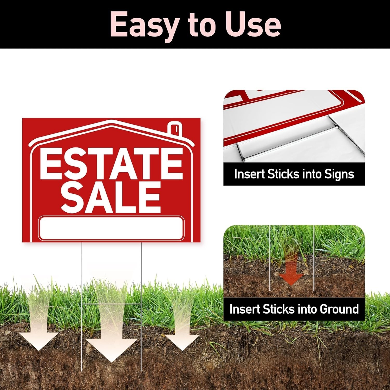 Estate Sale Signs with Stakes Set 6 Waterproof 17×12 and 17×6 Inches Yard Signs