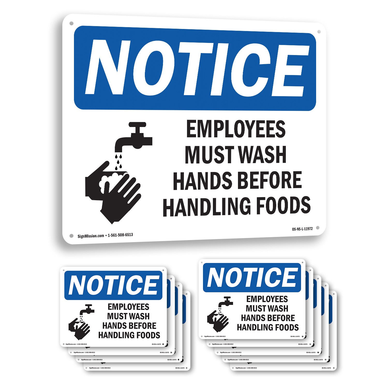 Employees Must Wash Hands Before OSHA Notice Sign Metal, Decal – 5 or 10 Pack