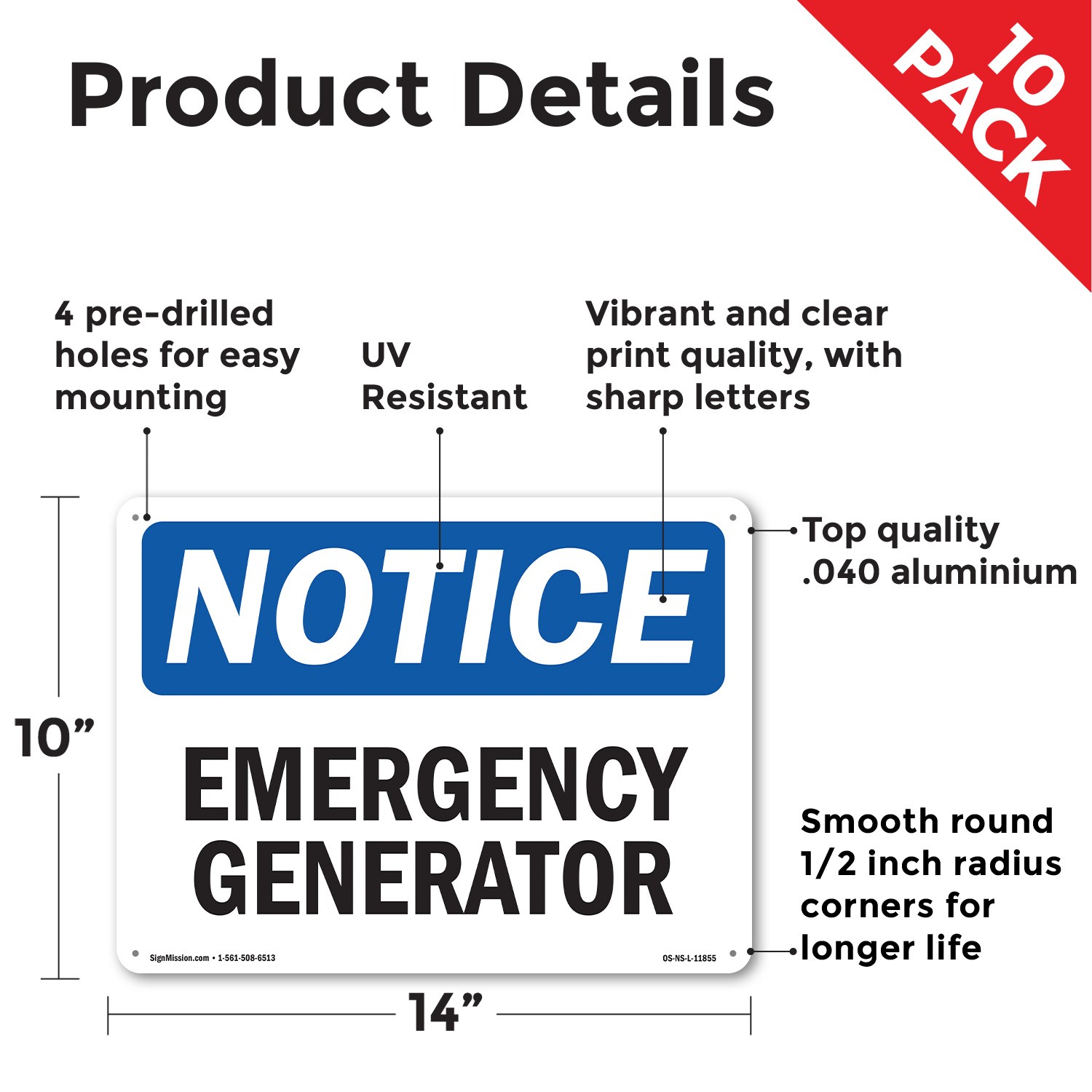Emergency Generator OSHA Notice Sign Metal, Plastic, Or Decal – 5 or 10 Pack