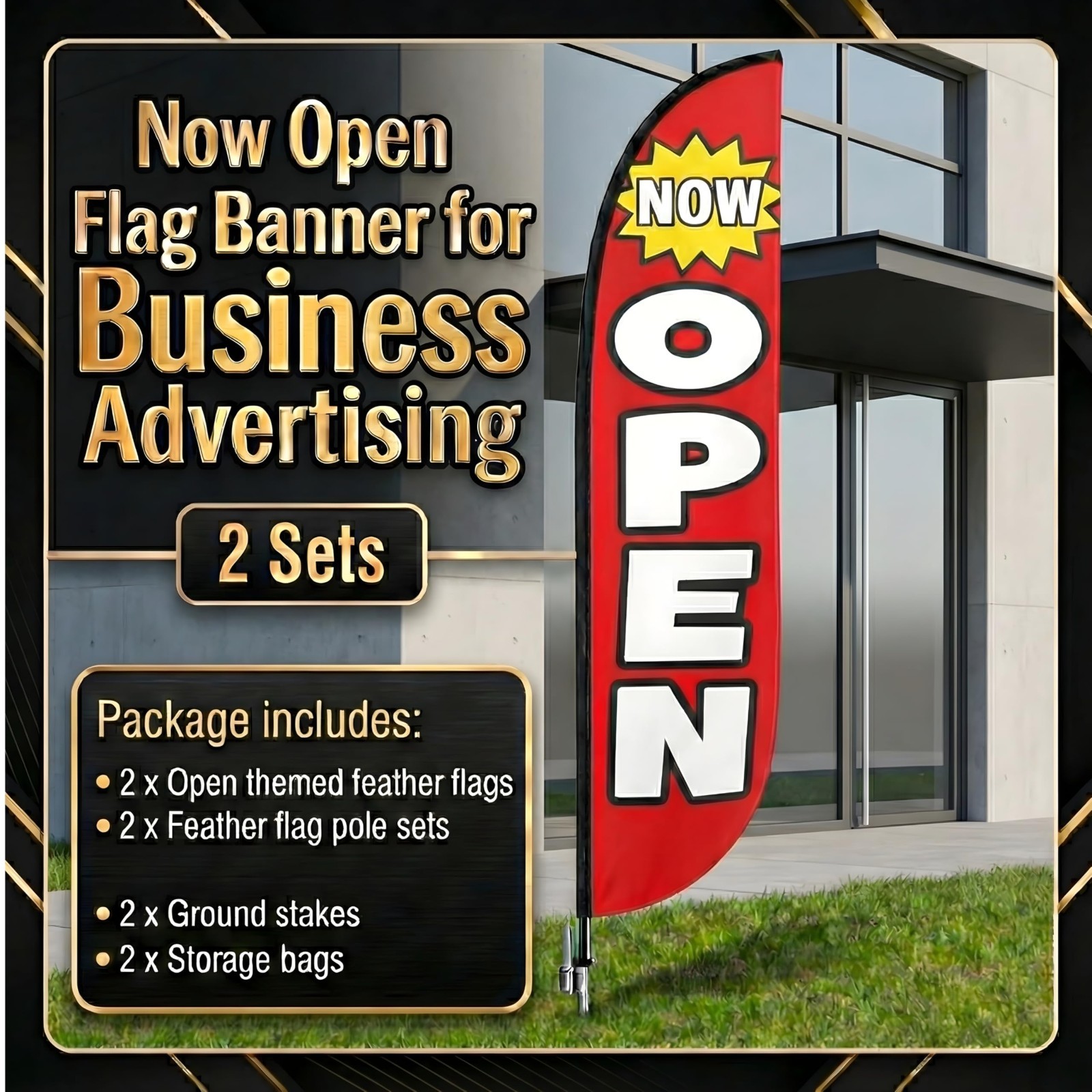 15ft Feather Flag Pole Kit – 2 Pack with 12ft Open Flags for Business Advertisin