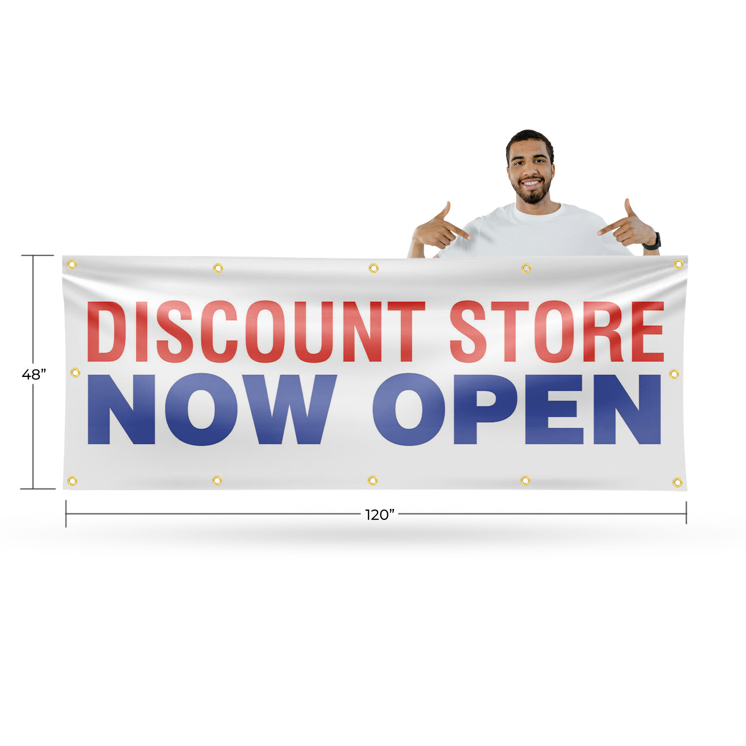 Discount Store Now Open Vinyl Banner Sign with Metal Grommets Heavy-Duty