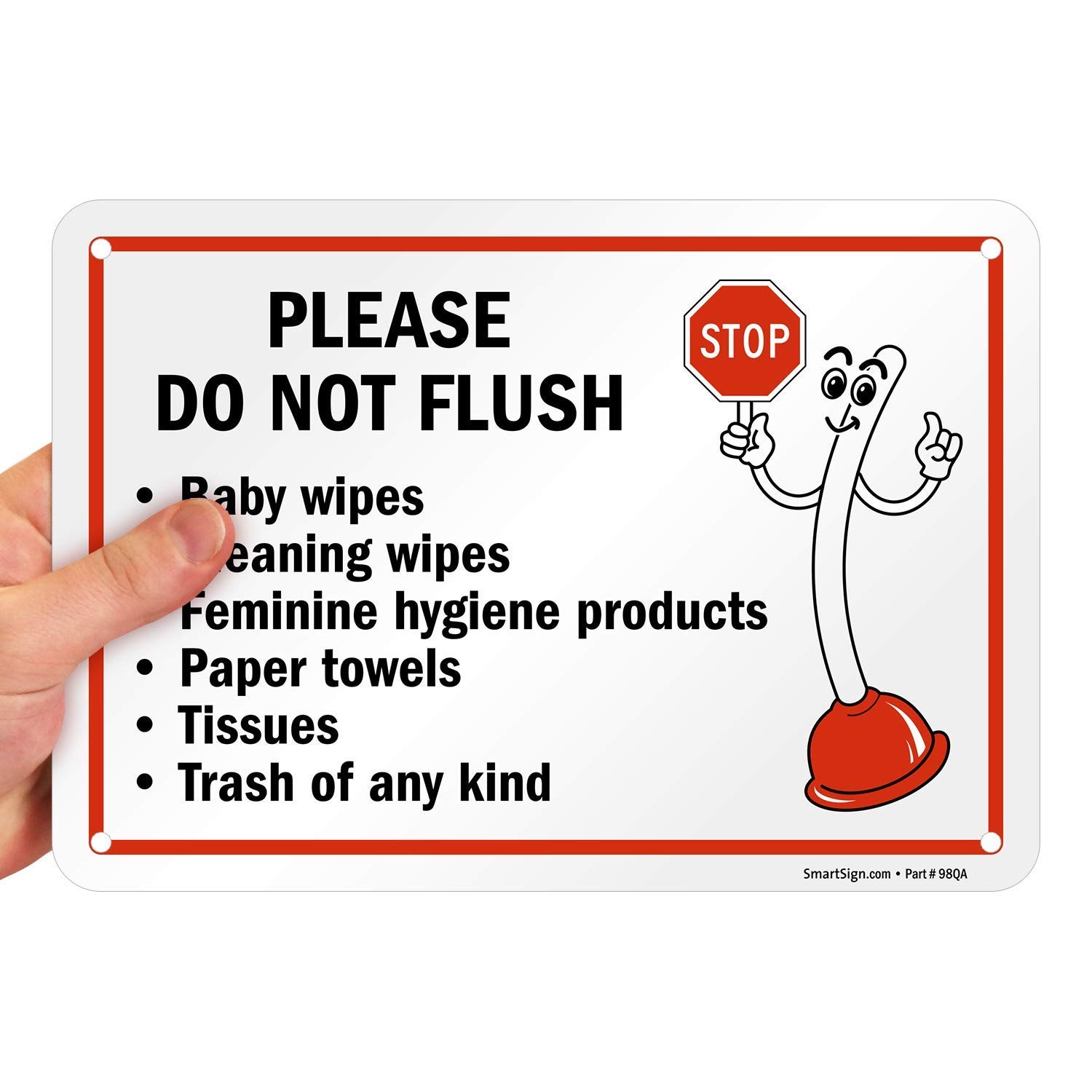 1 PC Please Do Not Flush Wipes/Trash Bathroom Sign 7×10&Prime; HDPE Plastic Red Black