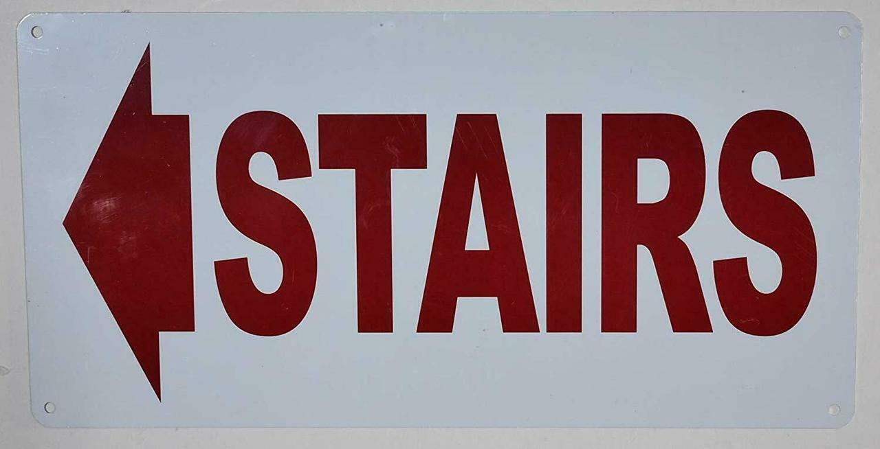 Stairs (Arrow Left) Sign (White Background,Aluminium, 6×12)–REF24-1027
