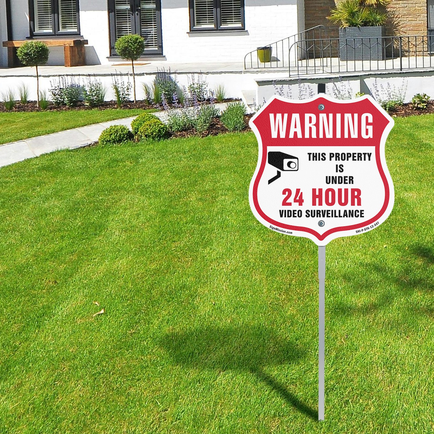 24 Hour Surveillance Shield Sign Warning This Property I Shield Sign With Stake