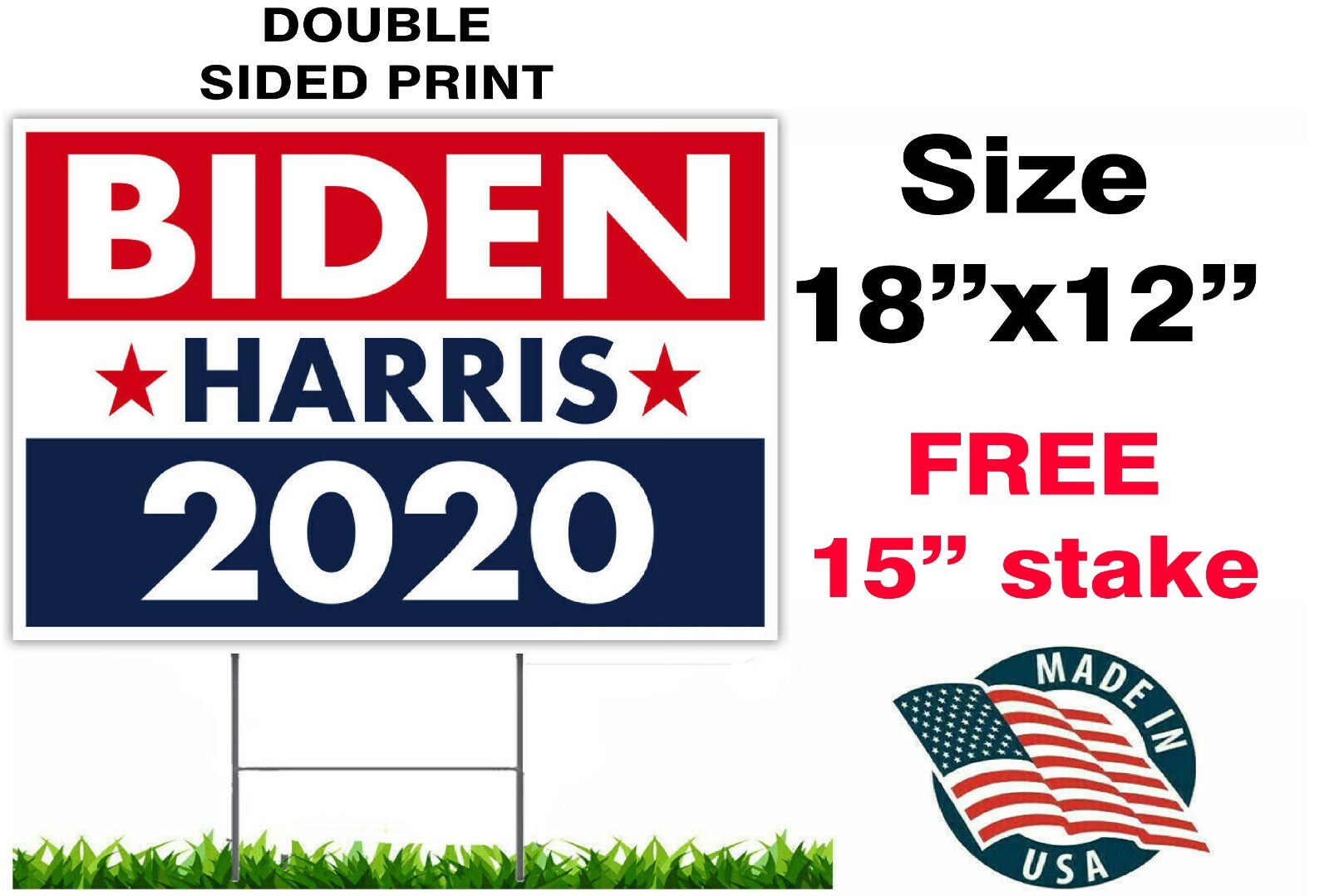 JOE BIDEN KAMALA HARRIS 2020 YARD SING 18&Prime; x 12&Prime; TWO SIDED PRINT WITH STAKE USA