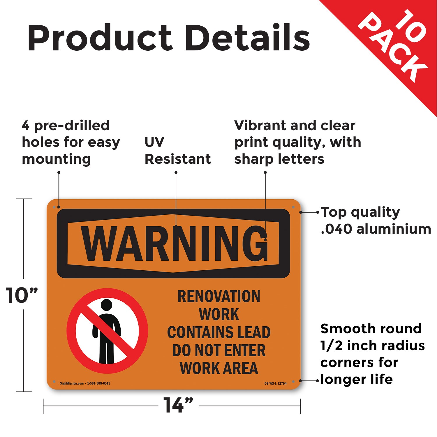 Renovation Work Contains Lead Do Not Enter OSHA WARNING Sign, Decal 5 or 10 Pack