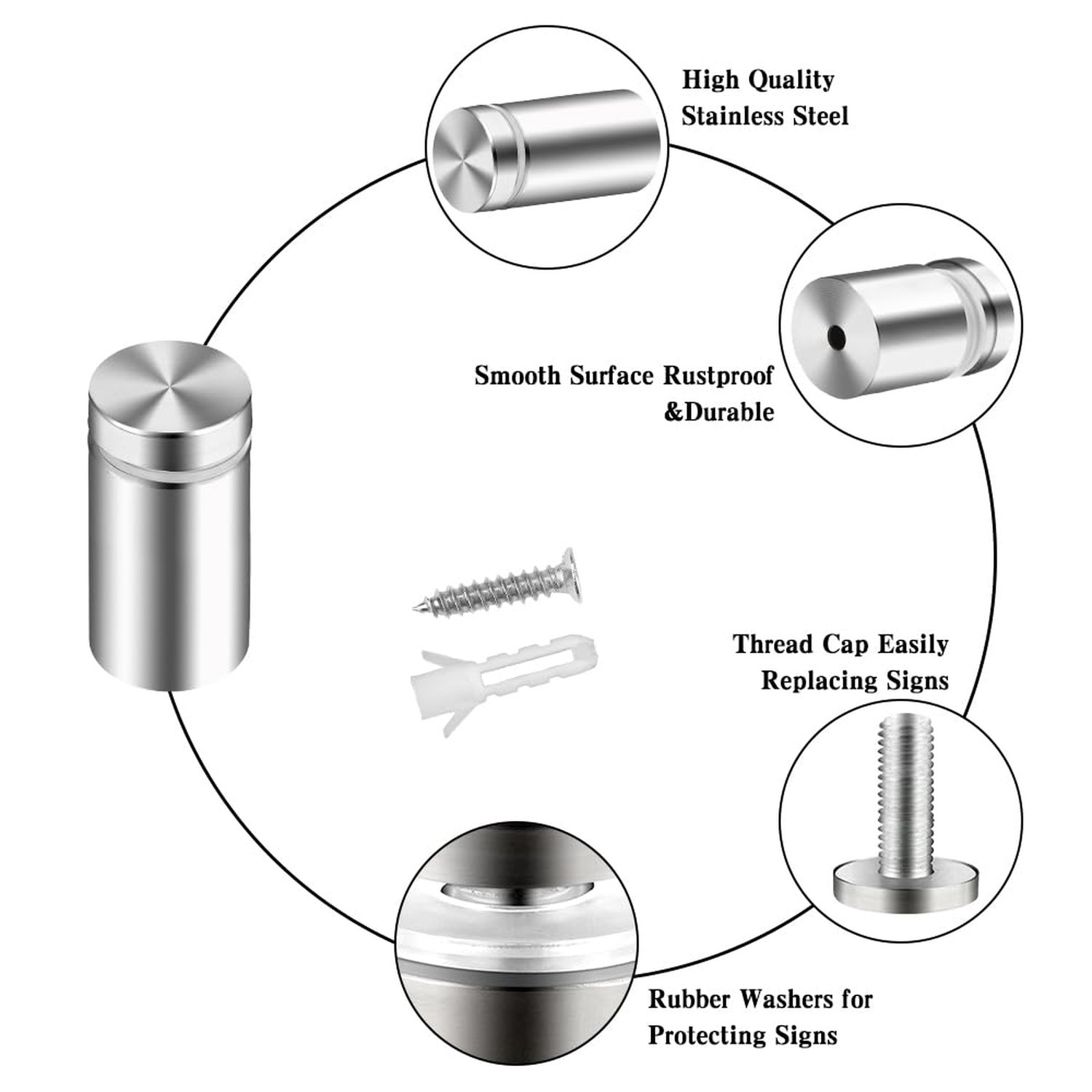 Standoff Screws & Mounts for Acrylic Signs – Metal Standoffs (0.5×1 in)