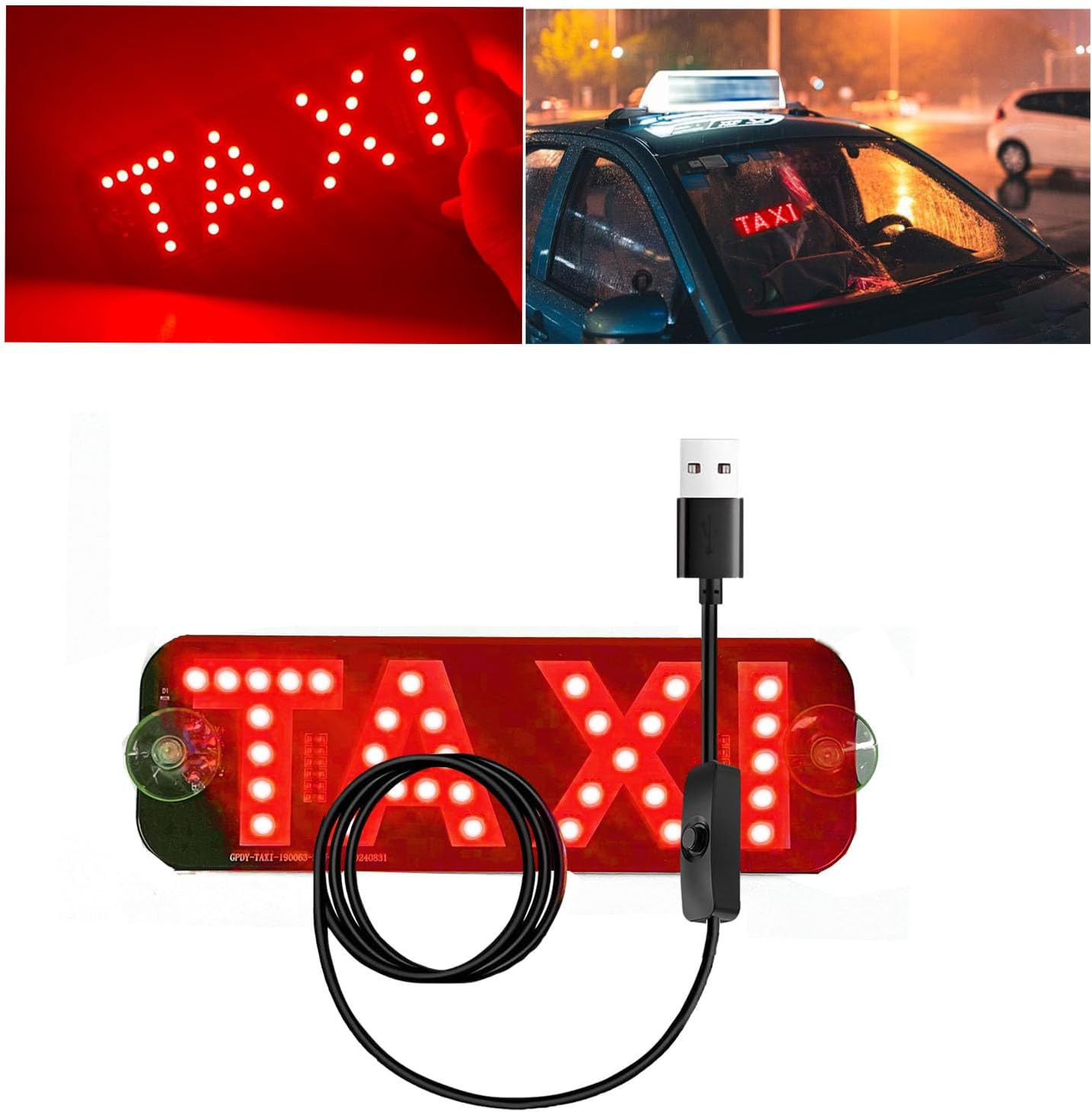 Red LED Taxi Sign for Car, Window/Windshield Mount with Suction Cups and USB Plu