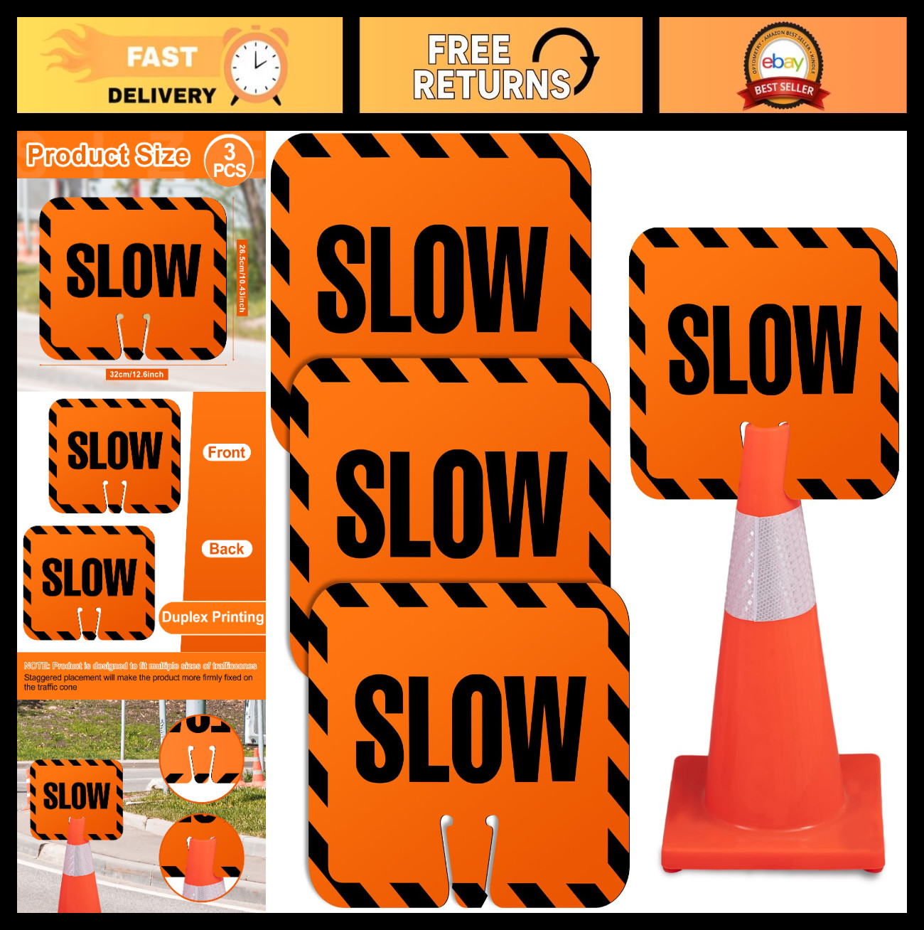 3 Pcs Slow Down Traffic Cone Signs – High Visibility 12.6&Prime; x 10.4&Prime; Road Safety M