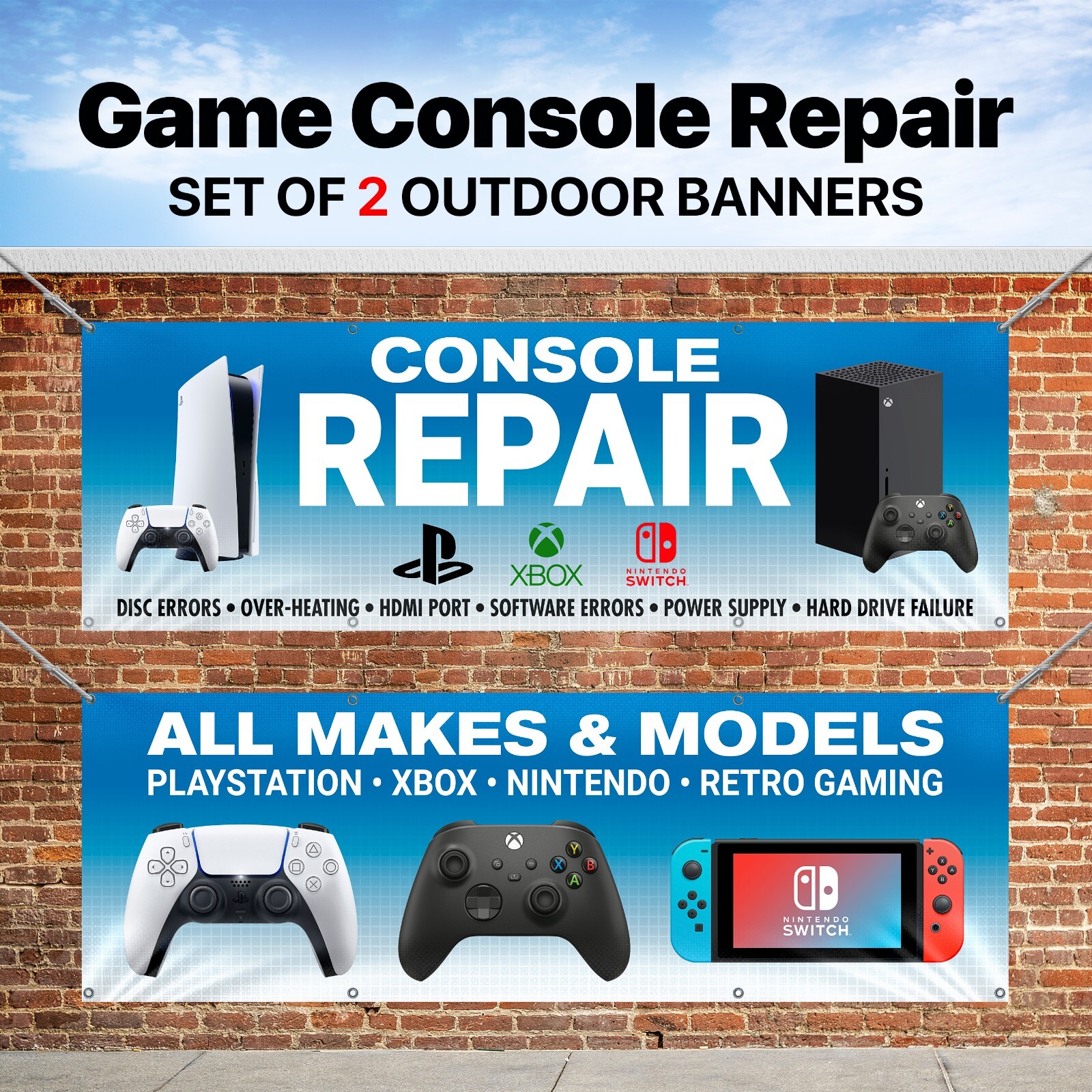 Game Console Repair Nintendo Switch Wii Xbox PS5 retro video game vinyl banners