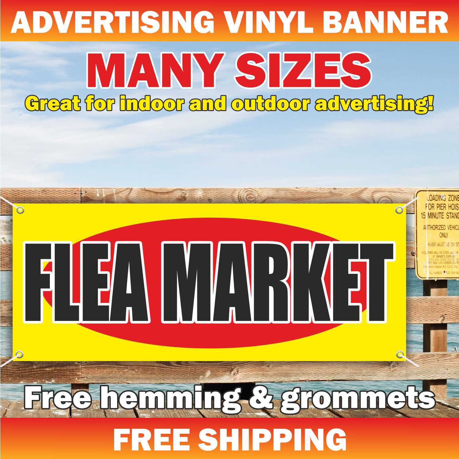 FLEA MARKET Advertising Banner Vinyl Mesh Sign Antiques Shop Garage Sale Swap