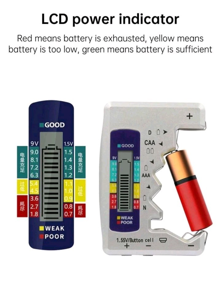 Battery Tester Universal for AA AAA C D 9V Button Cells – LCD Digital Battery