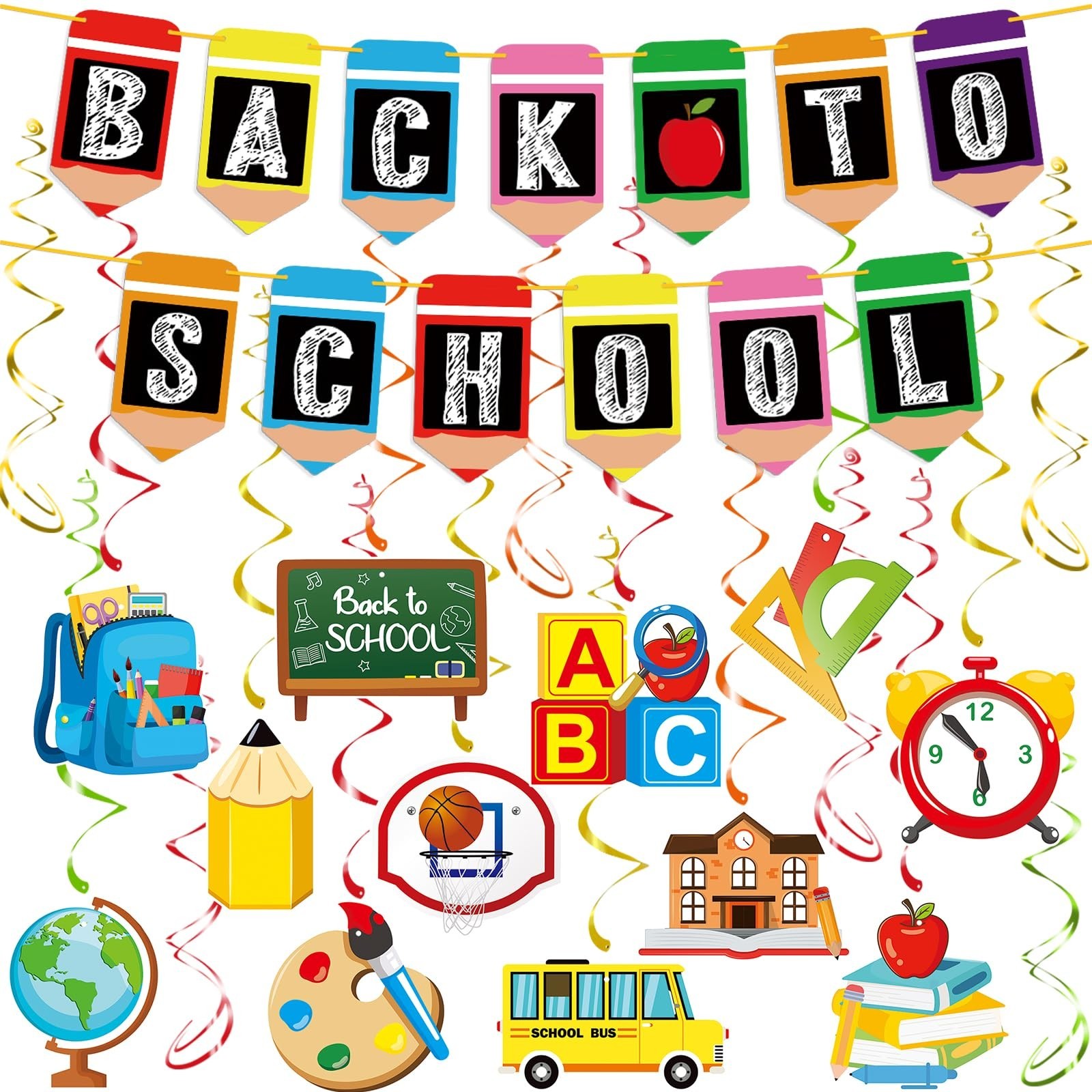 Back to School Banner with Hanging Swirls, Hanging Back to School Decorations…